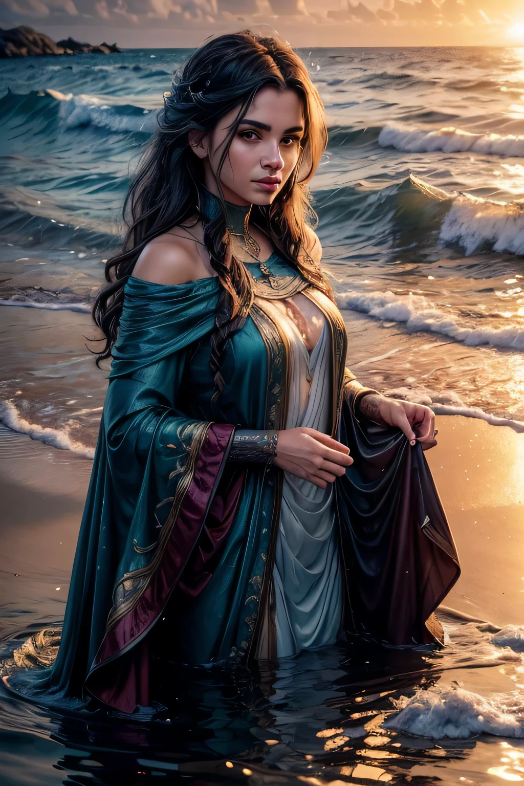 woman in blue cape is walking in the sea, iraniano, elegante, Fantasy closeup with water magic,((ondas)), linda donzela, wearing a cape made of water, decote, realistic oil painting, pingando, in water up to your shoulders, woman encharcado by ondas, bela pintura realista, nymph in water, retrato hiperrealista no oceano, foto de fantasia hiperrealista, espirrando, pintura de fantasia realista, foto fofa, profundidade de campo estreita, retrato, sunset, 8K, encharcado, ((encharcado)), Dripping water, Dripping oil, Roupas pesadas, soaked in oil, Todo molhado, cabelo escuro curto, cabelo molhado e pingando, tiro em ponto de vista, retrato, posando, twilight, Sol vermelho, brilho do sol, ((olhando para o espectador))