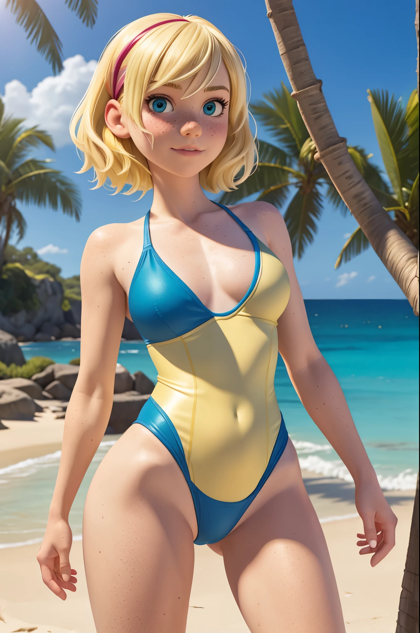 gwen stacy,baby swimsuit,view crotch,outdoor beach,realistic details in the swimsuit, short yellow hair, freckles on the face and skin,realistic details in the skin,swimsuit aside showing the pussy
