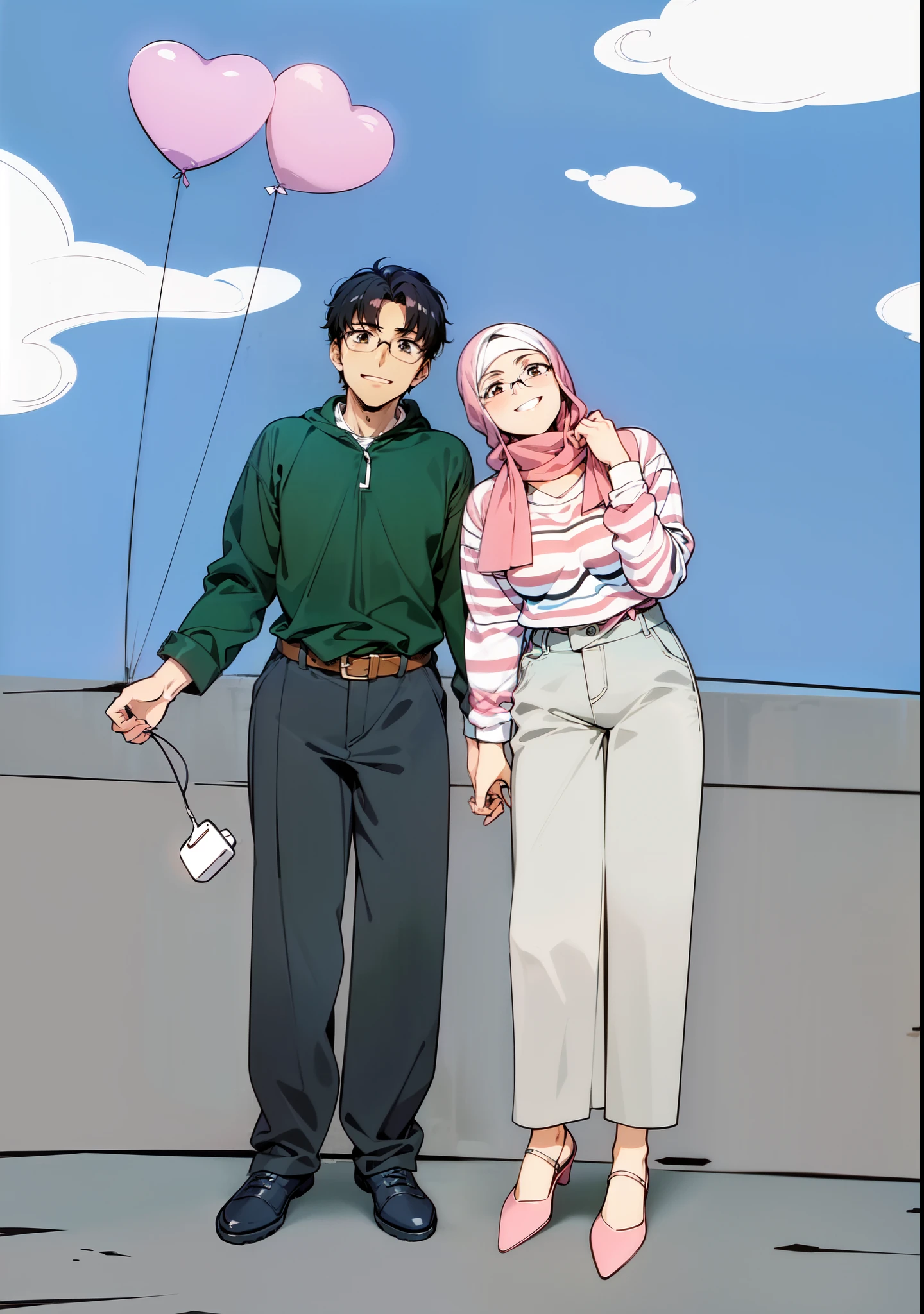 urushihara satoshi,,1boy,1girl.couplet,highly detailed,flat color,best quality,happy moment,,,masterpiece,,urushihara satoshi,980s \(style\), normal proportion,((masterpiece)),(((best quality))),DETAILED FACE, couple,((black hair)),,((hijab)),short hair,retro artstyle,,,best shadow,sillhouttes lighting,,=,(((urushisato))),,4k,sharp,,buat dengan gaya 80s anime,blue sky,wall,sunny day,heart ballon,smiling,happy moment,glasses,hijab,short hair,