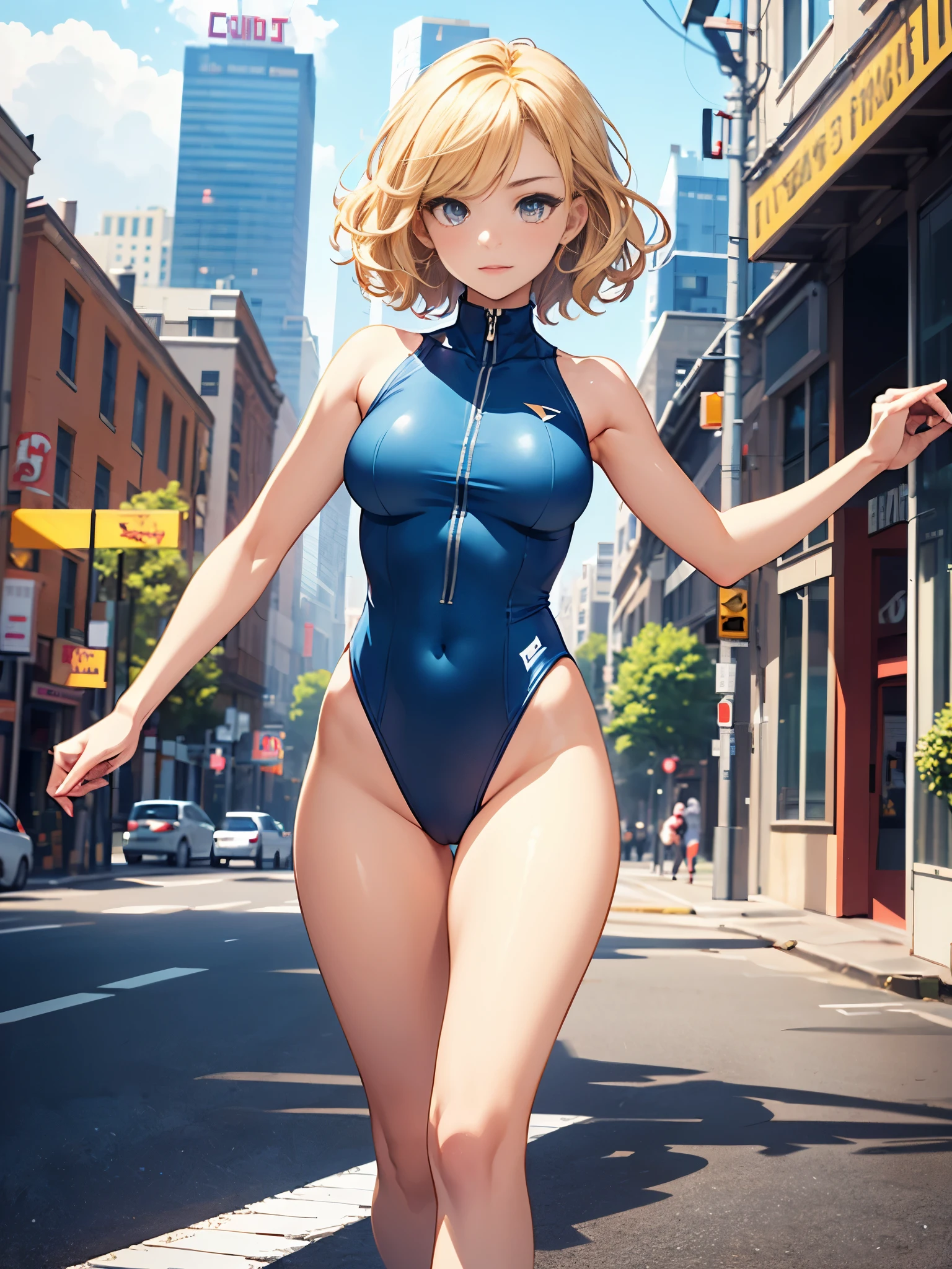 (((pixel-perfect, detail-perfect))), 1girl, medium breasts, suit, ((leotard, highleg leotard, light blue leotard)), bare legs, shoes, city backdrop, solo, single, outstretched arms, standing, spins fast in place like a tornado, tornado winds, speed lines, motion blur, full body shot, cowboy shot, beautiful detailed eyes, blonde hair, short hair, wavy hair, high school backdrop, outdoors, mature lady, teacher, perfect body, good proportions, powering up