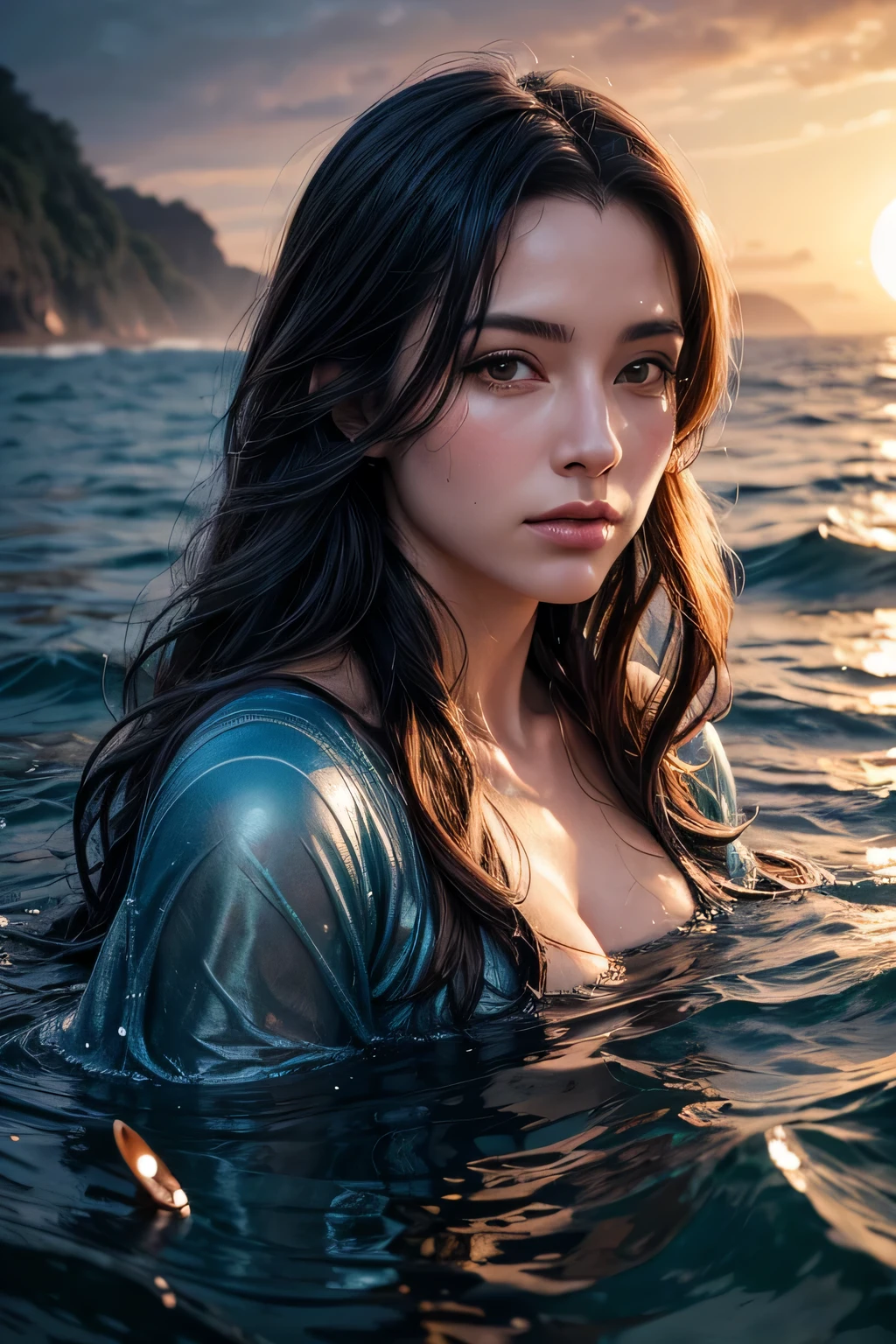 woman in blue cape is walking in the sea, iraniano, elegante, Fantasy closeup with water magic,((ondas)), linda donzela, wearing a cape made of water, decote, realistic oil painting, pingando, in water up to your shoulders, woman encharcado by ondas, bela pintura realista, nymph in water, retrato hiperrealista no oceano, foto de fantasia hiperrealista, espirrando, pintura de fantasia realista, foto fofa, profundidade de campo estreita, retrato, sunset, 8K, encharcado, ((encharcado)), Dripping water, Dripping oil, Roupas pesadas, soaked in oil, Todo molhado, cabelo escuro curto, cabelo molhado e pingando, tiro em ponto de vista, retrato, posando, twilight, Sol vermelho, brilho do sol, ((olhando para o espectador))