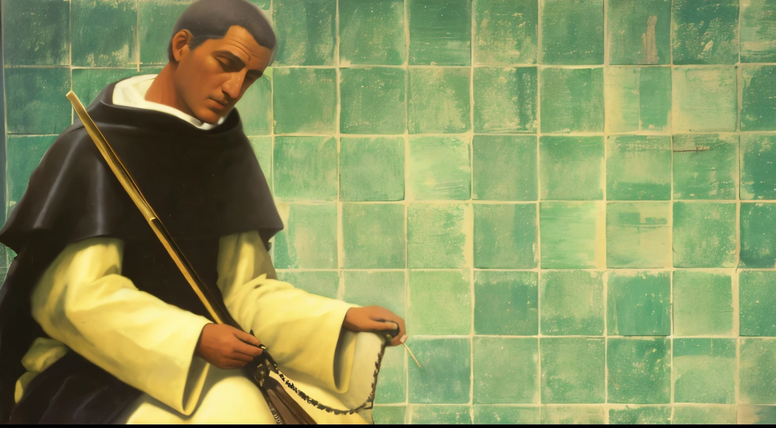 painting of a man in a monge's robes riding a horse, obra de arte de Pedro Bell, inspirado em Francisco Souza, manchado&quot;, Direction: Francisco de Zurbarán, Francisco de Zurbarán, christian santo, de Kehinde Wiley, santoly, portrait of santo of the pit, santo, monge, inspired Direction: Francisco de Zurbarán, inspirado em Francisco de Holanda