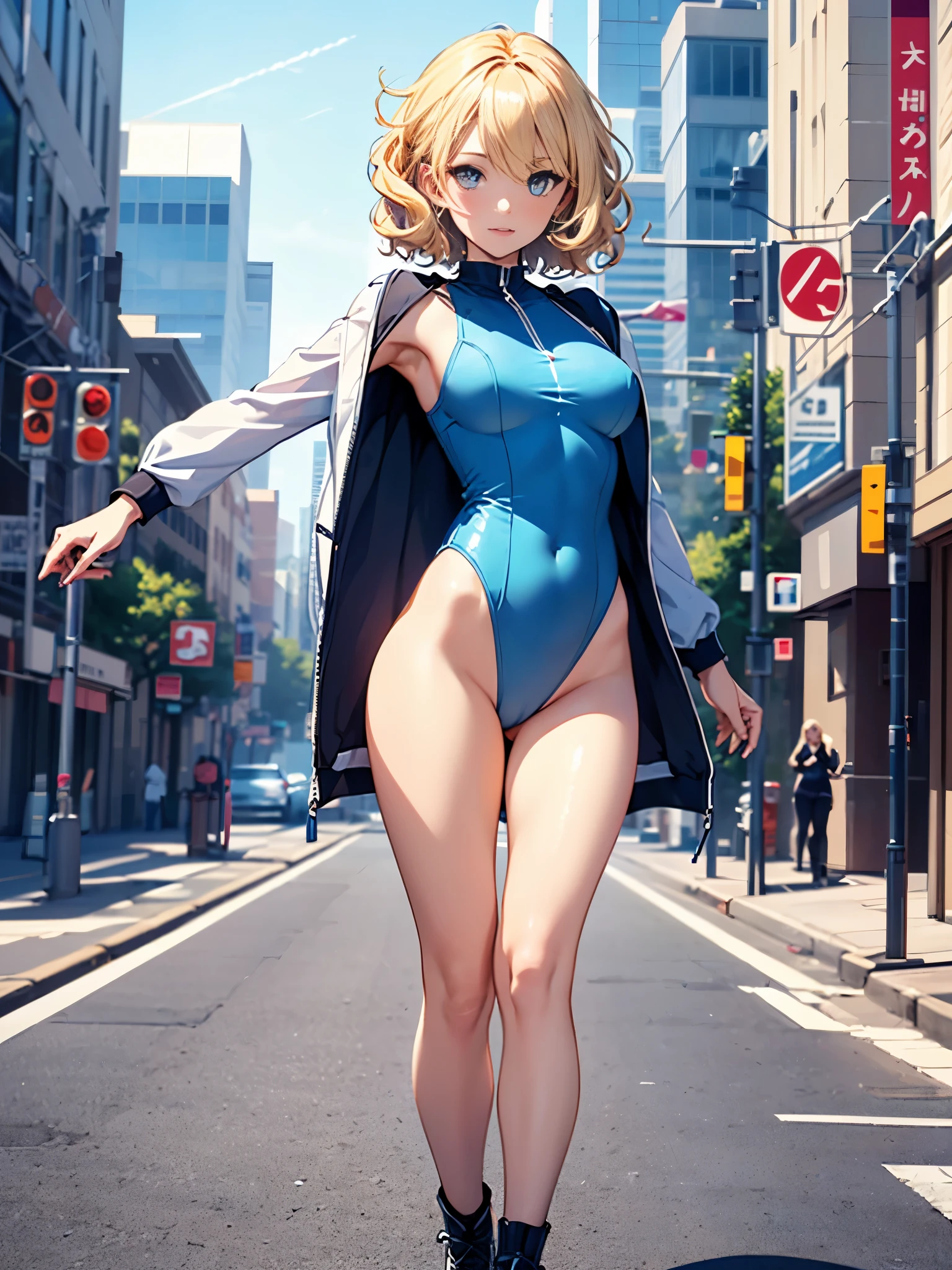 (((pixel-perfect, detail-perfect))), 1girl, medium breasts, suit, ((leotard, highleg leotard, light blue leotard)), bare legs, shoes, city backdrop, solo, single, outstretched arms, standing, spins fast in place like a tornado, tornado winds, speed lines, motion blur, full body shot, cowboy shot, beautiful detailed eyes, blonde hair, short hair, wavy hair, high school backdrop, outdoors, mature lady, teacher, perfect body, good proportions, powering up