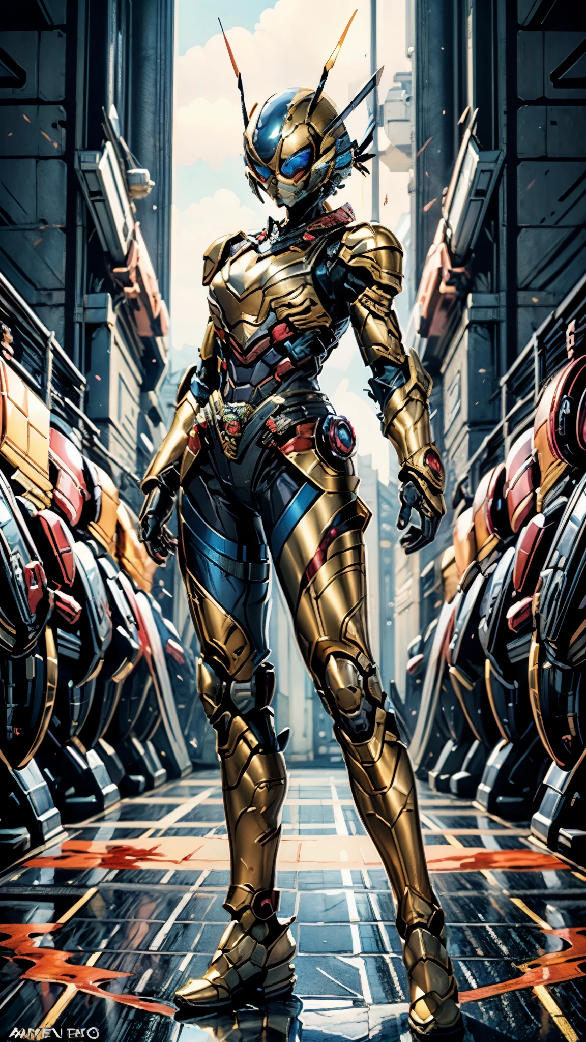 A woman adorned in fantasy-style full-body armor, a crown-concept fully enclosed helmet that unveils only her eyes, a composite layered chest plate, fully encompassing shoulder and hand guards, a lightweight waist armor, form-fitting shin guards, the overall design is heavy-duty yet flexible, ((the armor gleams with a golden glow, complemented by red and blue accents)), exhibiting a noble aura, she floats above a fantasy-surreal high-tech city, this character embodies a finely crafted fantasy-surreal style armored hero in anime style, exquisite and mature manga art style, (mixture of Queen bee and Spider concept Armor, plasma, blood), ((Element, energy, elegant, goddess, femminine:1.5)), metallic, high definition, best quality, highres, ultra-detailed, ultra-fine painting, extremely delicate, professional, anatomically correct, symmetrical face, extremely detailed eyes and face, high quality eyes, creativity, RAW photo, UHD, 32k, Natural light, cinematic lighting, masterpiece-anatomy-perfect, masterpiece:1.5