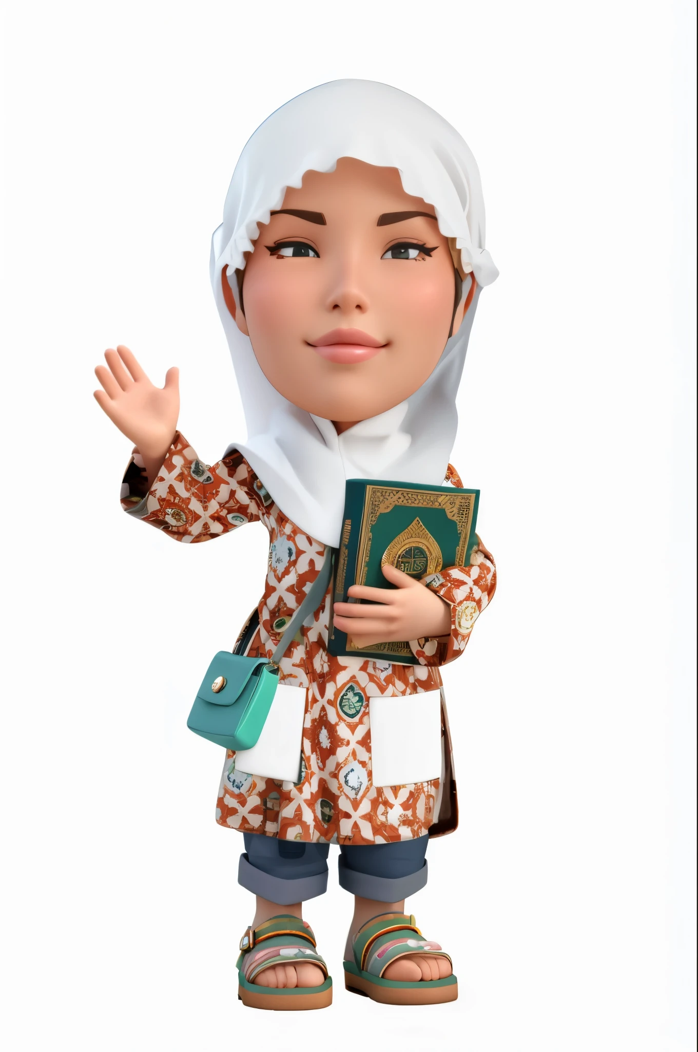 cartoon character of a muslim woman holding a book, muslim, detailed character, hijab, islamic, highly detailed character, faridah malik, inspired by Nazmi Ziya Güran, 3d character, 3 d character, cute woman, with 3d render, with 3 d render, inspired by Basuki Abdullah, islam, digitally painted, 3d character realistic
