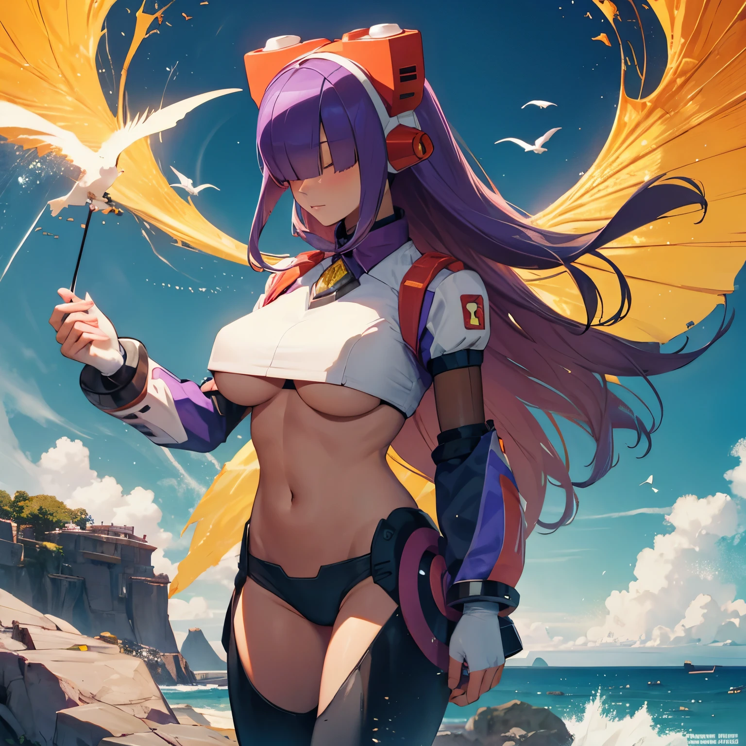 layer_megamanx, 1girl, solo, long hair, purple hair, blunt bangs, hair over eyes, large breasts, dark skin, dark-skinned female, android, underboob, robot ears, overlooking the ocean on the edge of a rock, in the style of avian-themed, realistic yet stylized, villagecore, azure, orange and azure, dragoncore, aerial view