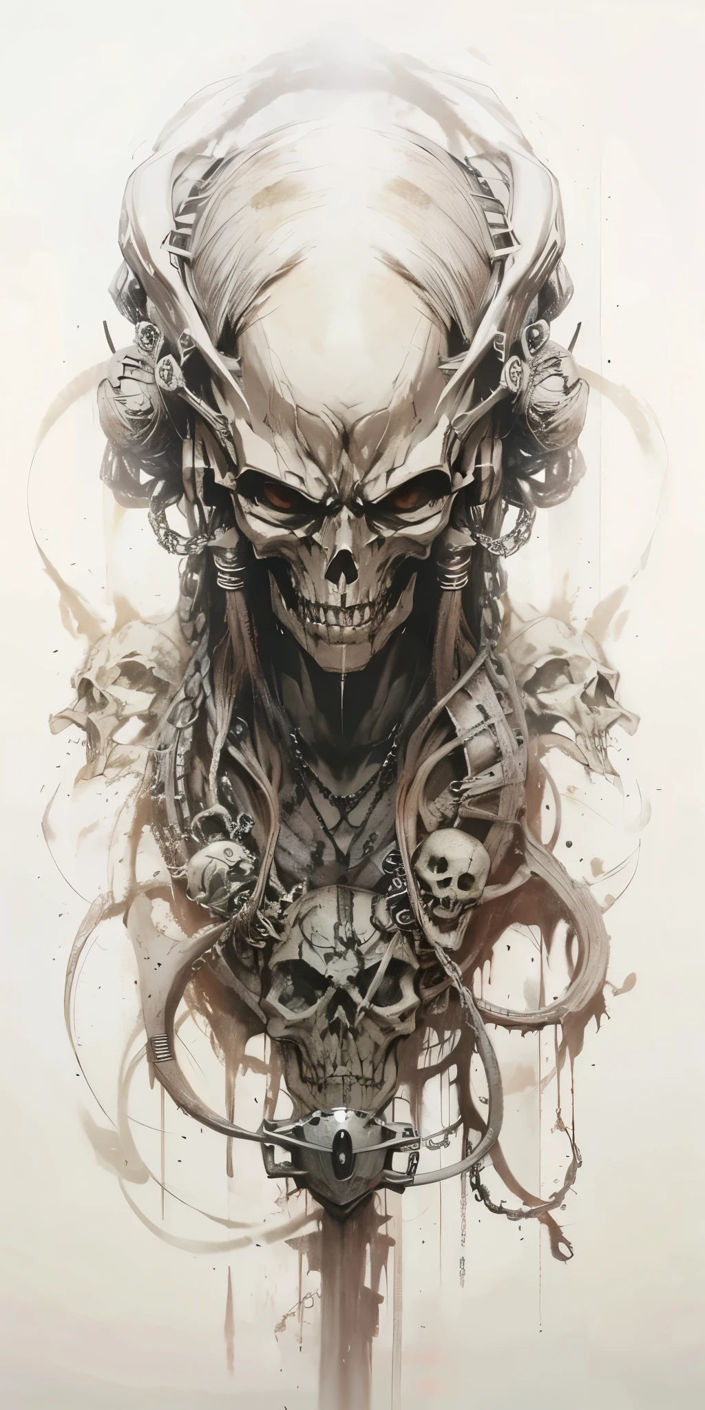 evil alien skull with black dreads with a huge forehead waering a thin chain, drawing