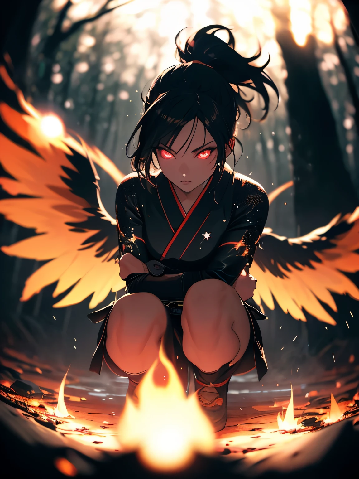 (best quality, 4k, 8k, highres, masterpiece:1.2),girl, (fisheye lens), furious, ninja, high ponytail, light flare, one knee, flames, fists floating hair, smoke, flames, (blurry background), Japanese forest, rain, black background, (glowing eyes), night sky, stars, (silhouette), embers, light particles, (feathered wings)