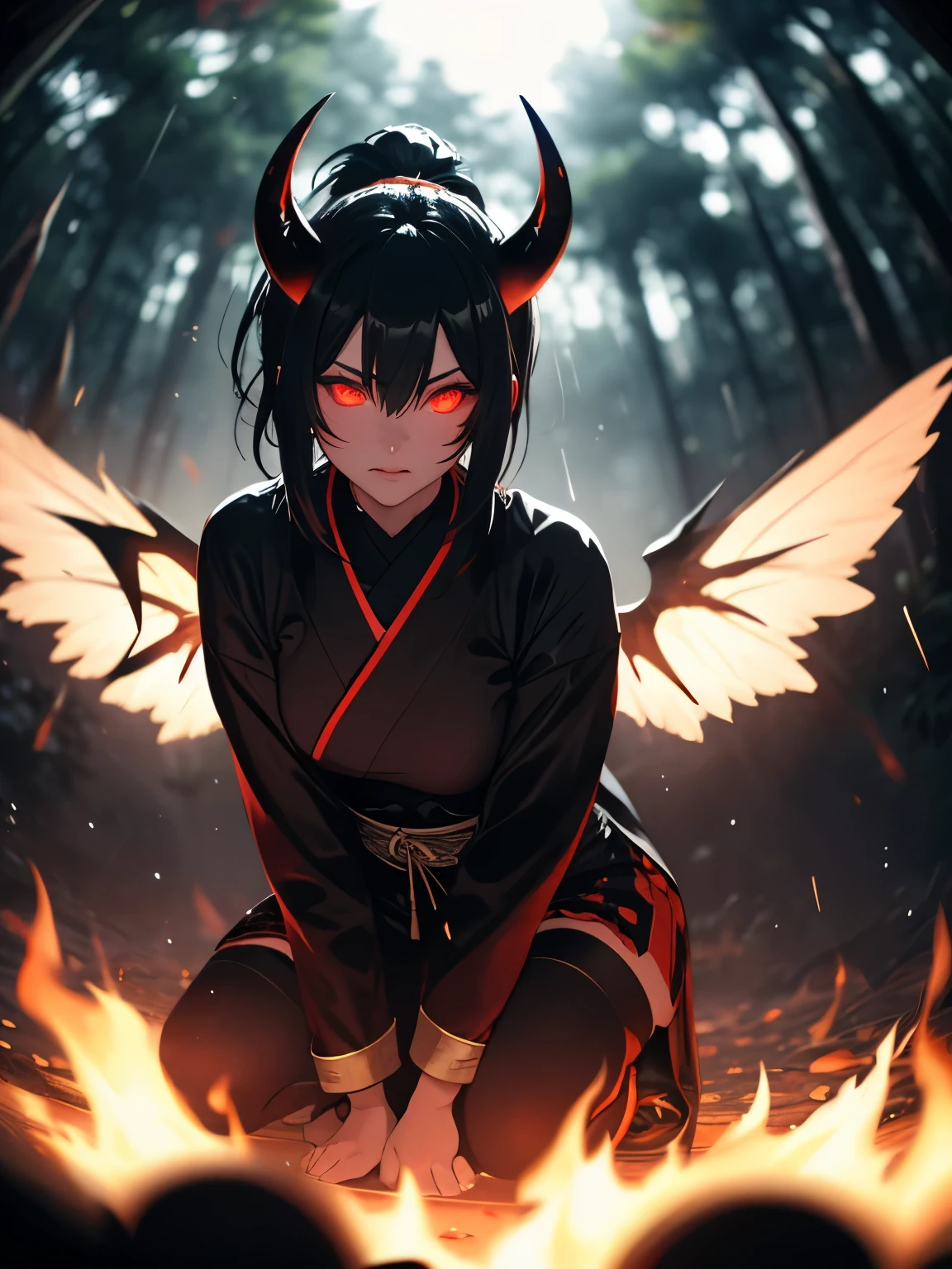 (best quality, 4k, 8k, highres, masterpiece:1.2),girl, (fisheye lens), furious, ninja, high ponytail, light flare, one knee, flames, fists floating hair, smoke, flames, (blurry background), Japanese forest, rain, black background, (glowing eyes), night sky, stars, (silhouette), embers, light particles, (feathered wings), satan horns, 666, 666, 666, 666, 666, 666