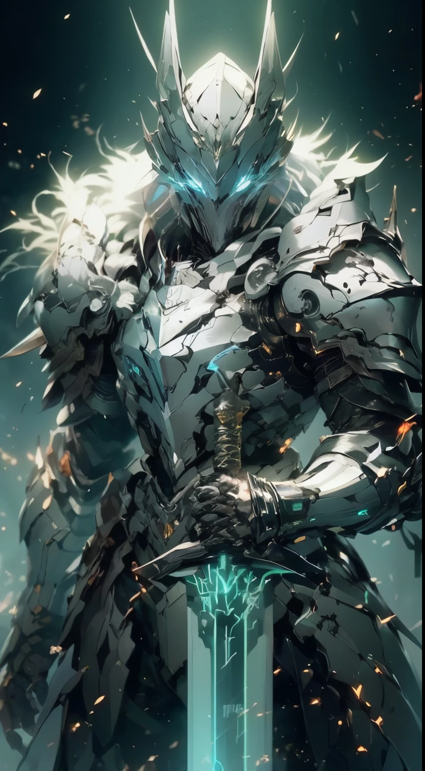 Knight Arav in armor stands in a dark room with a sword., Black fire reflective armor, cyberpunk flame outfit, Berserk Skull Knight Black Armor, heavy metal armor, Cybernetic Flame Armor, black heavy armor, damaged armor, cybernetic fire armor, full x-force outfit, Heavy sliver armor, Spiked metal shard armor Close-up of a man with a scrap metal sword., A glowing golden spirit blade., Glow Sword, Glow Sword in hand, Intricate glowing machine armor, Sleek, glowing armor, Stunning 8K character concept art, Duelyst style, Krenz Kuchart and Artem Demoura