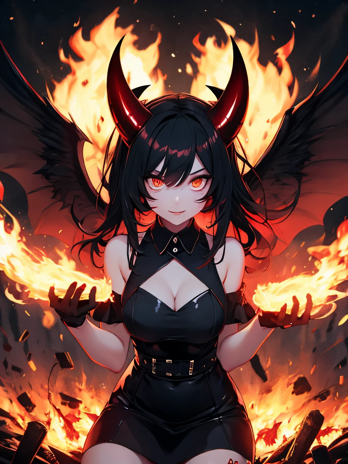 naked, nude, big titsabsurdres, highres, ultra detailed, 1girl, eyeliner, red glowing eyes, narrow waists, golden details, bare shoulders, cleavage, demon wings, horns, tattoo, detail background, FireMagicAI, detailed, intricate, --auto