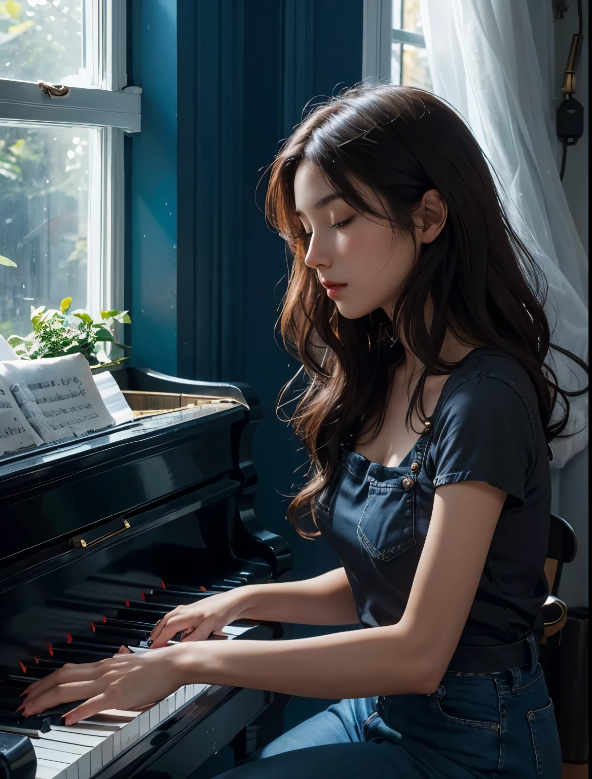 A beautiful woman. Dark brown hair. Twenties. Wearing a T-shirt and blue jeans. The season is summer. A black piano was placed next to the window, and she was playing the piano quietly with her eyes closed.