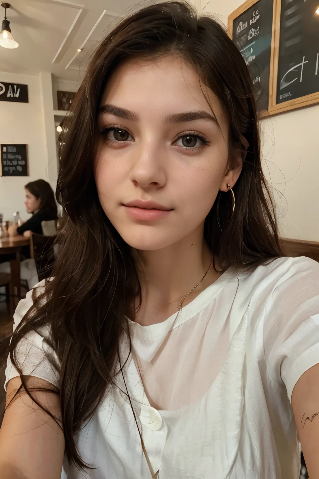 Photo of a 20 year old brunette woman, that  has a very natural face,  thin lips, thin eyes, thin eyebrows, thin nose, earrings, long eyelashes. She makes a cute selfie in a cafe