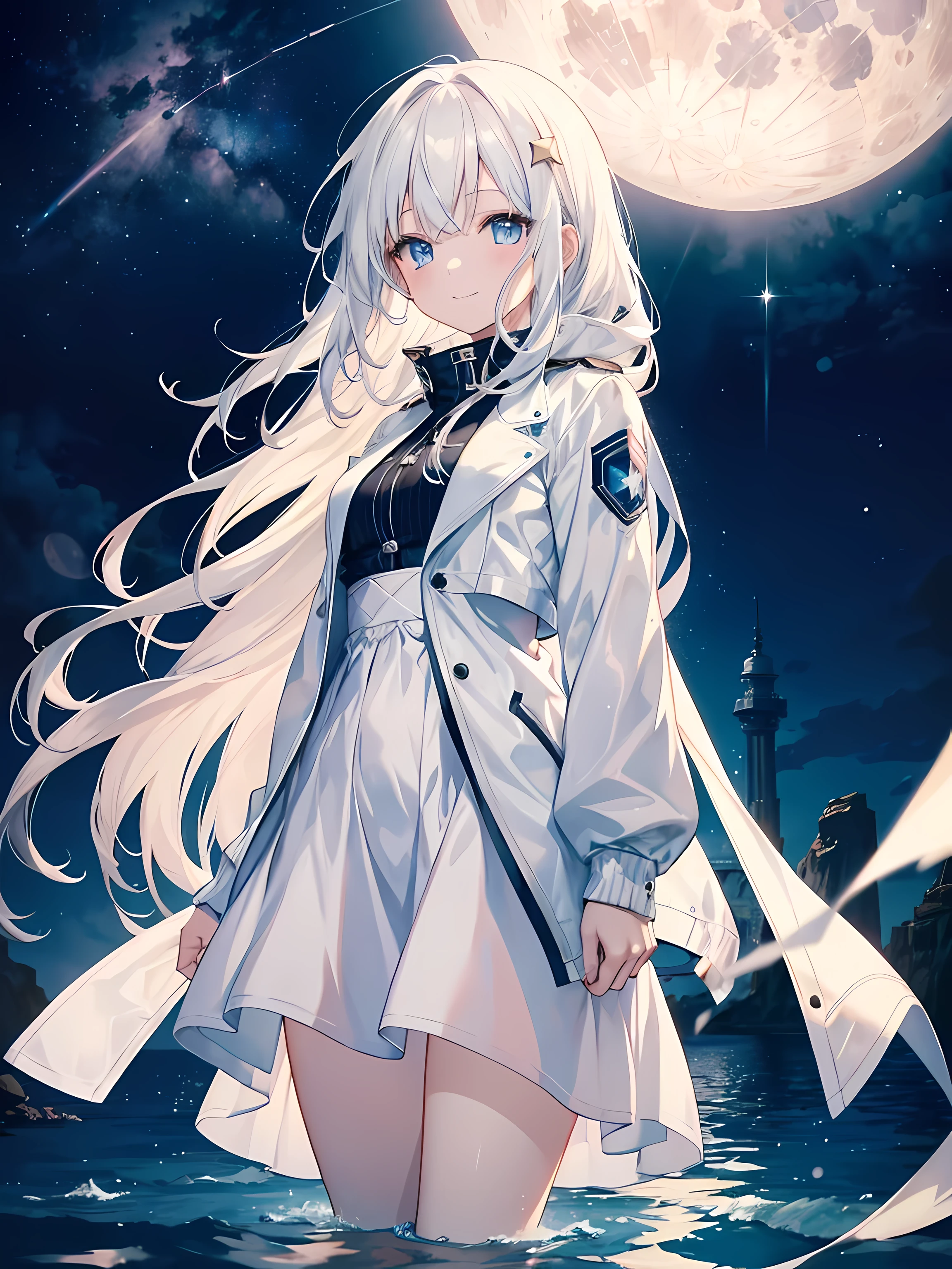 anime girl standing in water, night sky, starry sky, shooting white stars, full moon, good lighting quality, (1girl), long white hair, light blue eyes, short white dress, short leather jacket, smile, masterpiece, high res, 8k