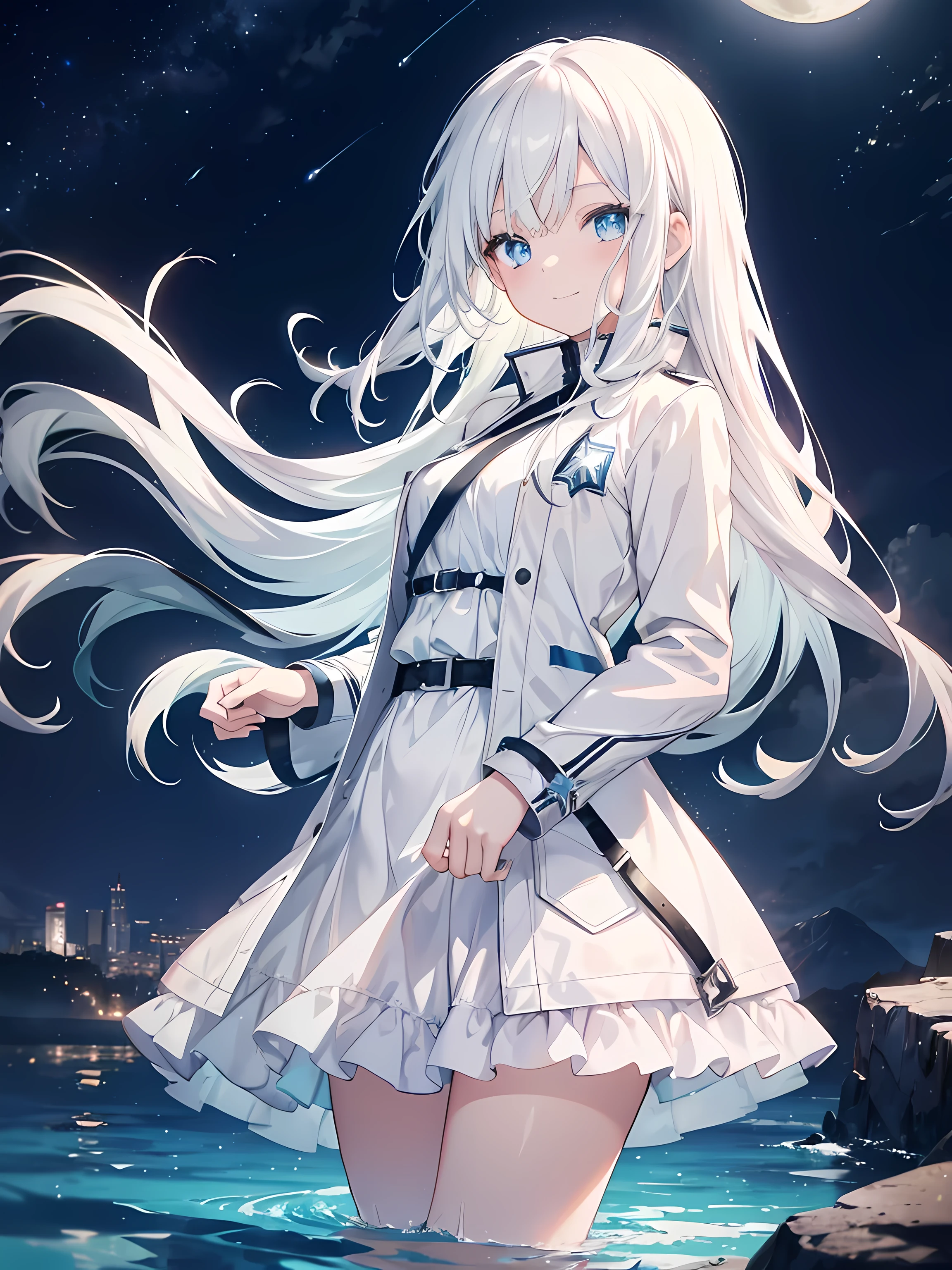 anime girl standing in water, night sky, starry sky, shooting white stars, full moon, good lighting quality, (1girl), long white hair, light blue eyes, short white dress, short leather jacket, smile, masterpiece, high res, 8k