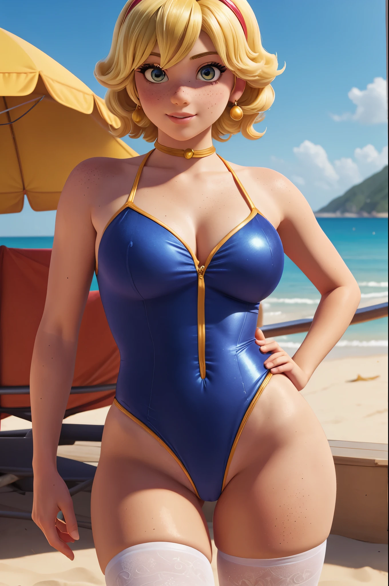 princess peach,velvet swimsuit,view crotch,outdoor beach,realistic details in the velvet swimsuit, short yellow hair, freckles on the face and skin,realistic details in the skin,velvet stockings,first person, above my