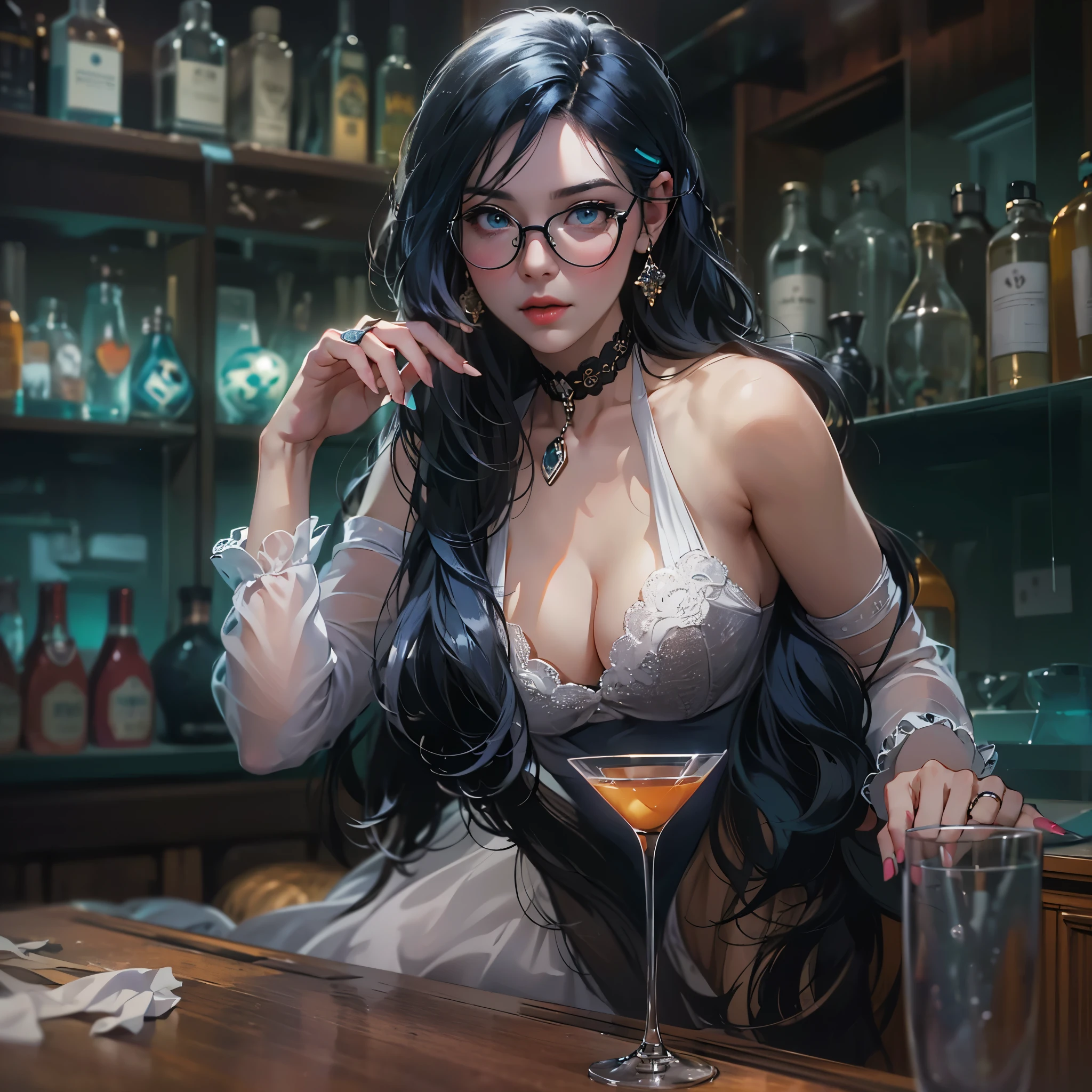 action shot a picture of a curvy woman (Masterpiece 1.5, intense details), full body (Masterpiece 1.3, intense details), sitting in a bar, sipping a cocktail, wearing a white mini dresasterpiece 1.3, intense details), slightly hiding the edge of white silk stocking (Masterpiece 1.3, intense details), almost hiding vampiric fangasterpiece 1.3, intense details), wearing high heels, smirking, glasses, black choker (intense detailake up, black hair, long hair, ponytail, very long hair, hair strand, hairpin, eye reflection, intense azure eyes, light makeup, shy, blush, photorealistic, Realism, depth of field, dim light, full body, silhouette, from side, Ultra-Wide Angle, retina, UHD, best quality, 8k, highres, high detailasterpiece:1.3), (8k, Photorealistic, RAW Photography, Best Quality: 1.4)