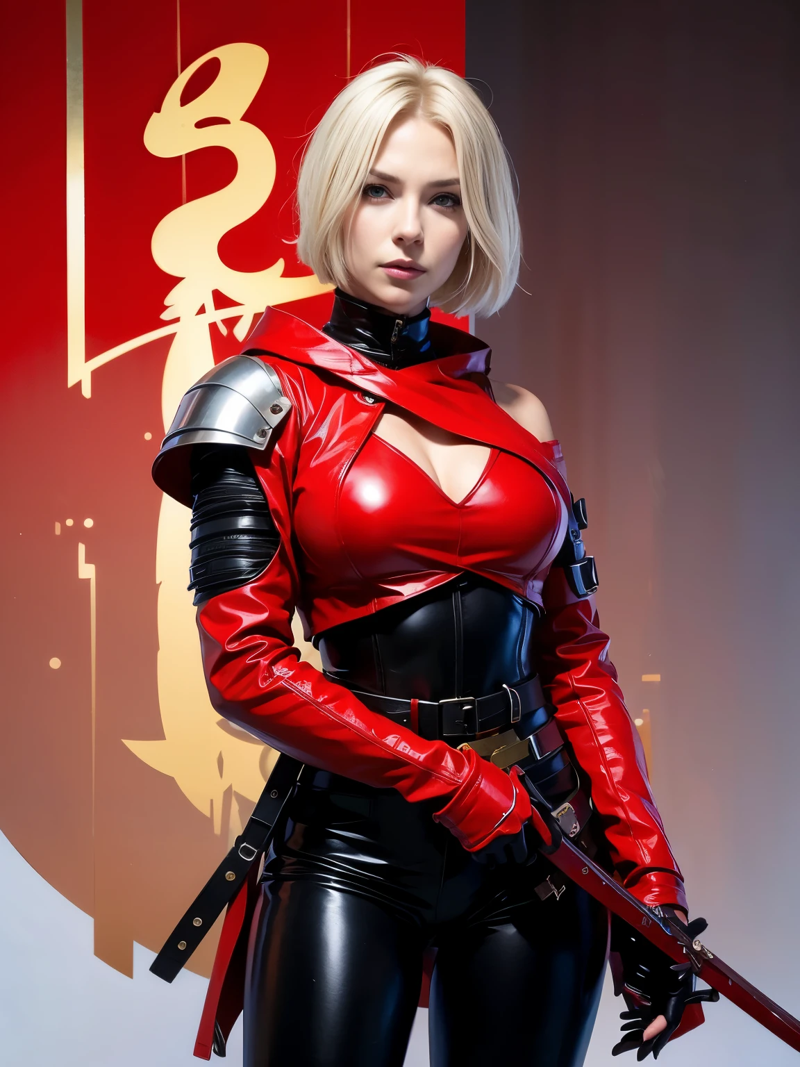 blond woman in red leather outfit holding a sword, lady in red armor, very beautiful cyberpunk samurai, wojtek fus, katana, katana zero video game character, anime cosplay, by Yang J, anime girl cosplay, she is holding a katana sword, female samurai, cosplay, holding a sword on her shoulder, wearing techwear and armor. She’s full of fury