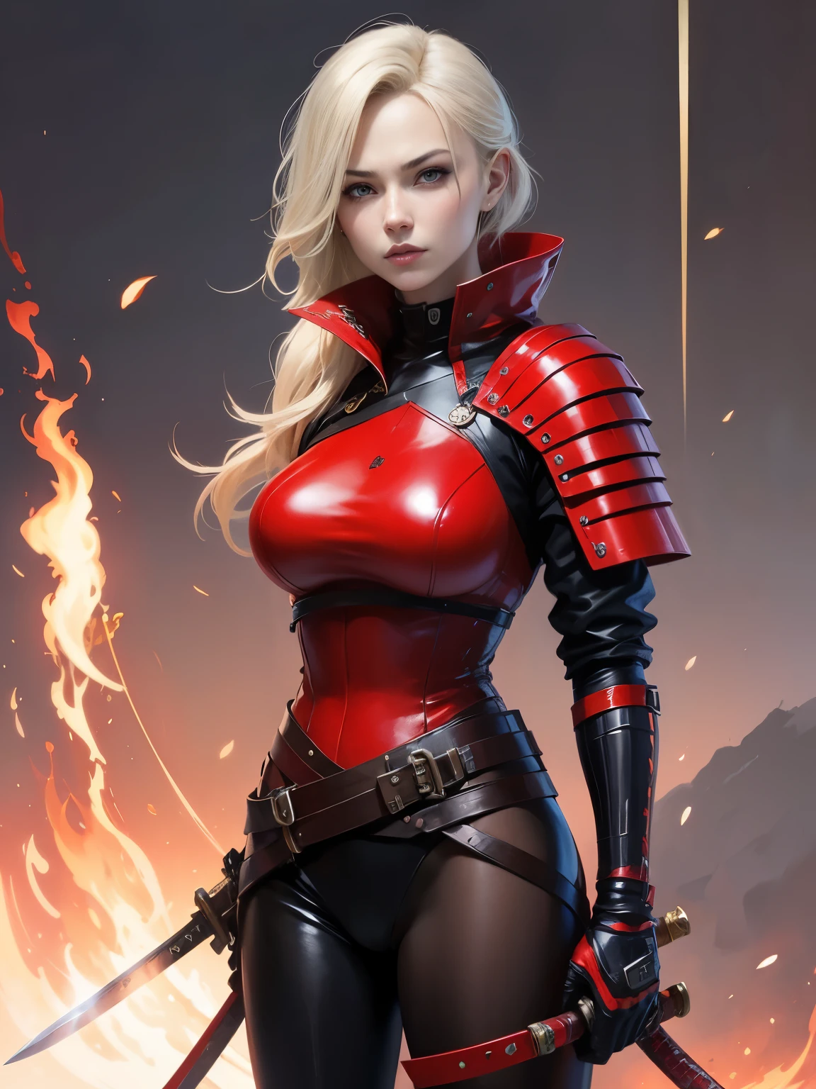 blond woman in red leather outfit holding a sword, lady in red armor, very beautiful cyberpunk samurai, wojtek fus, katana, katana zero video game character, anime cosplay, by Yang J, anime girl cosplay, she is holding a katana sword, female samurai, cosplay, holding a sword on her shoulder, wearing techwear and armor. She’s full of fury 