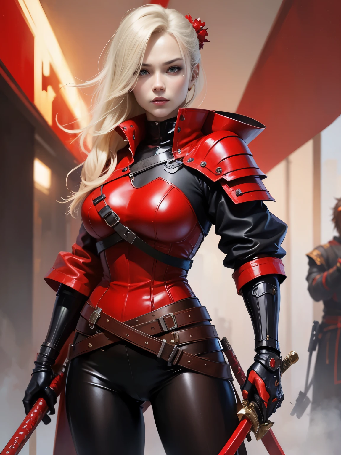 blond woman in red leather outfit holding a sword, lady in red armor, very beautiful cyberpunk samurai, wojtek fus, katana, katana zero video game character, anime cosplay, by Yang J, anime girl cosplay, she is holding a katana sword, female samurai, cosplay, holding a sword on her shoulder, wearing techwear and armor. She’s full of fury