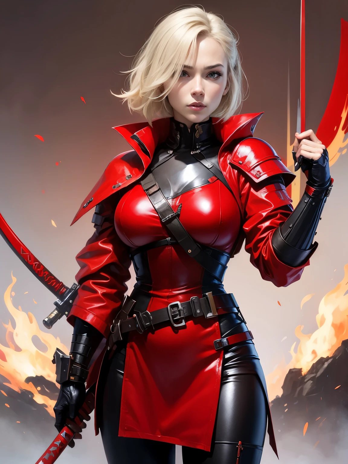 blond woman in red leather outfit holding a sword, lady in red armor, very beautiful cyberpunk samurai, wojtek fus, katana, katana zero video game character, anime cosplay, by Yang J, anime girl cosplay, she is holding a katana sword, female samurai, cosplay, holding a sword on her shoulder, wearing techwear and armor. She’s full of fury 