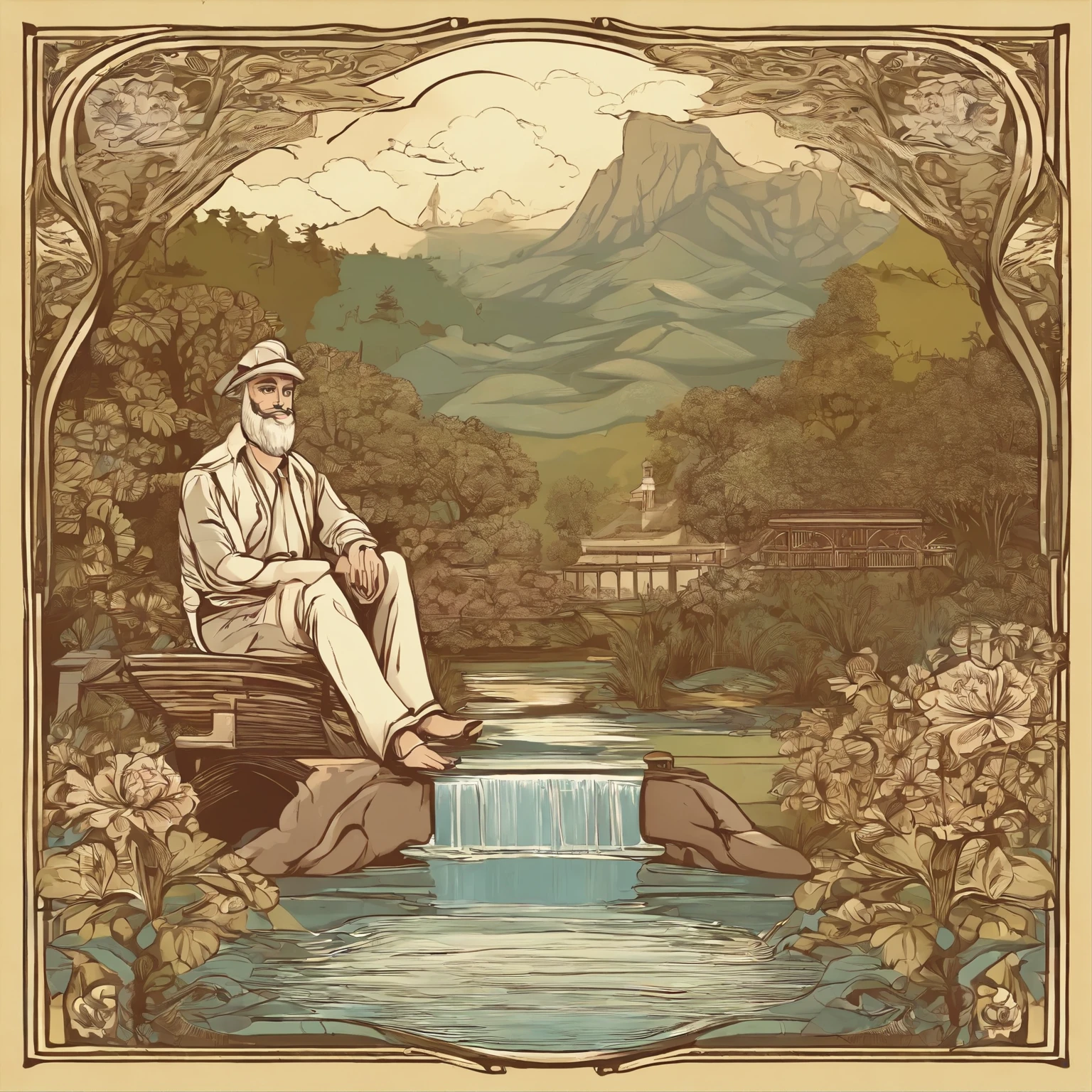 A smiling man wearing casual sports faahion sitting on a wooden-bench in front of a garden in the background there is a waterfall into avl pond. In the style of Digital art