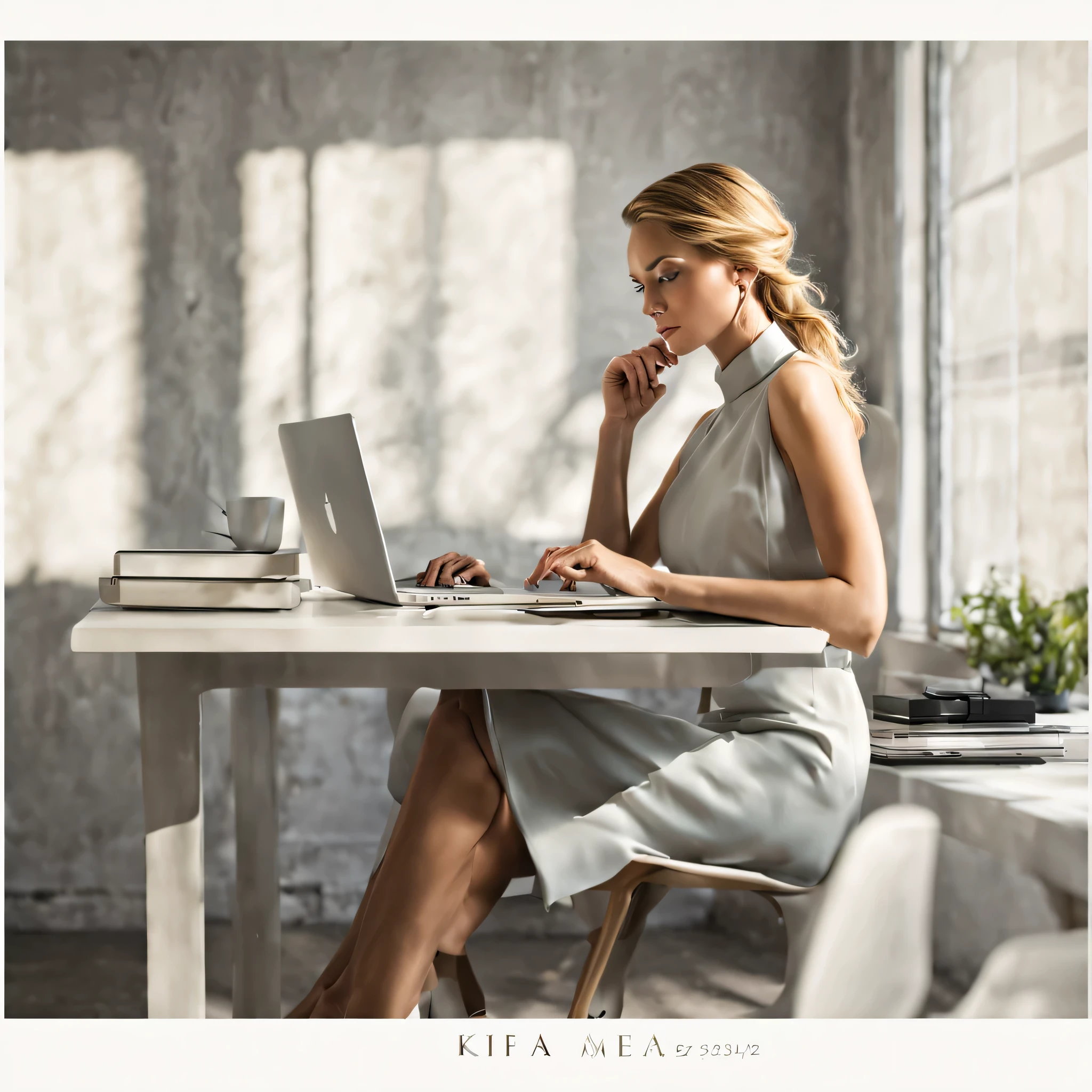 Sitting in a dimly-lit office, a stunning figure poses, intense concentration evident as they type on a sleek laptop. The image portrays a photograph capturing a moment of quiet elegance amidst the mundane workspace. The subject, with flawless posture and a thoughtful expression, exudes a sense of grace and sophistication. The lighting highlights their features, showcasing every detail with impeccable clarity. This high-quality image invites viewers to admire the beauty and poise of the individual in their everyday setting.