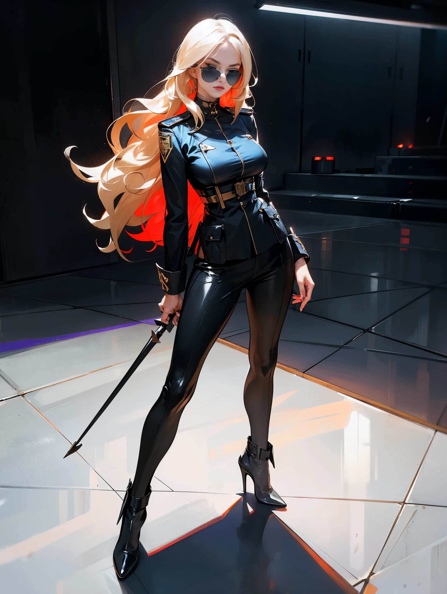 An ultra hot gorgeous European woman. Age 23. She’s a playmate, men magazine model. long wavy blond hair, her eyes closed in concentration. Her red lips are slightly open in a determined expression as she stands in a defiant posture. She wears a mini police leather uniform, complete with stilettos and black sunglasses. The mysterious light behind her adds a touch of drama to this powerful full body. Ultra modern Concrete walls and floor