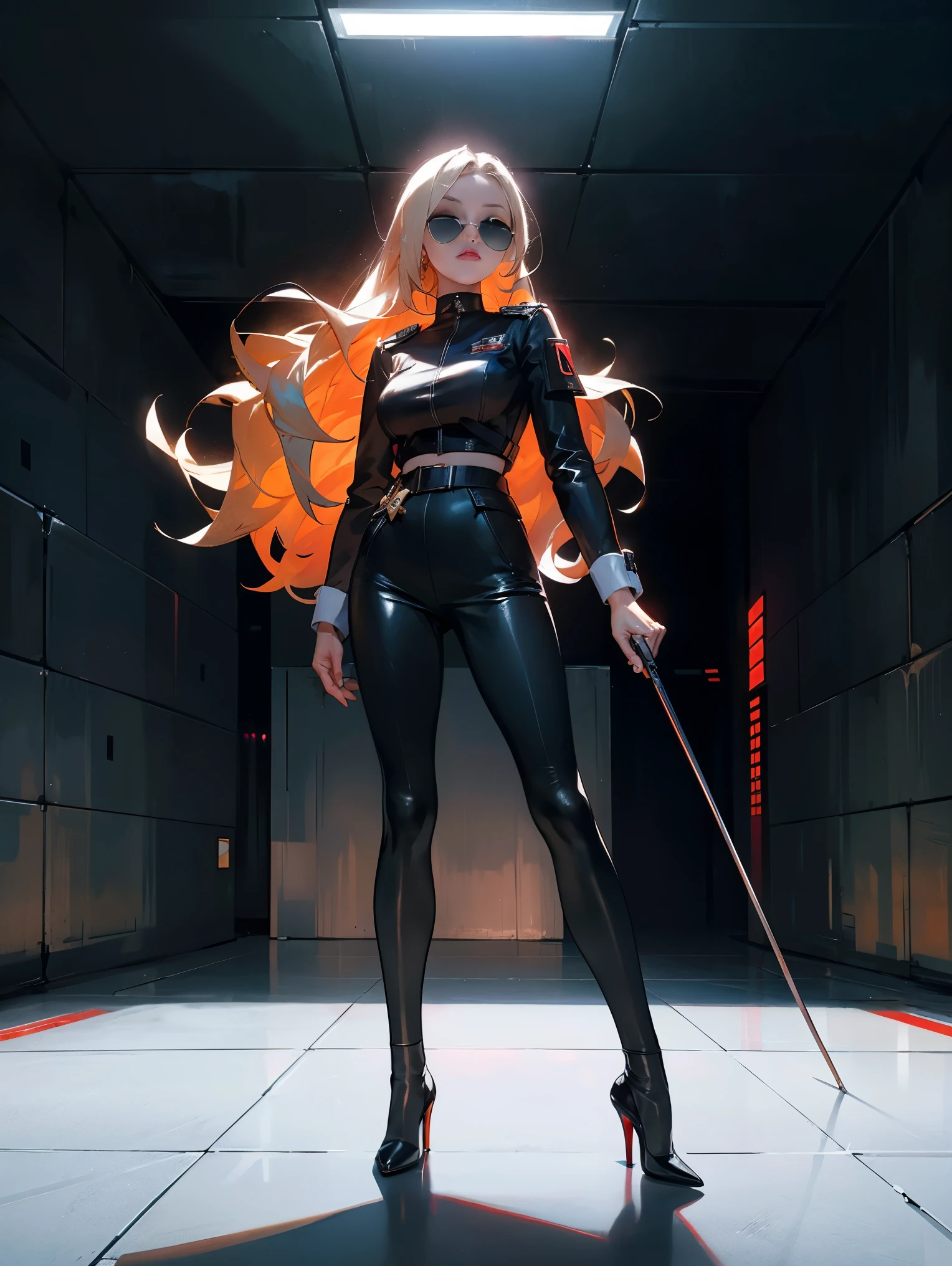 An ultra hot gorgeous European woman. Age 23. She’s a playmate, men magazine model. long wavy blond hair, her eyes closed in concentration. Her red lips are slightly open in a determined expression as she stands in a defiant posture. She wears a mini police leather uniform, complete with stilettos and black sunglasses. The mysterious light behind her adds a touch of drama to this powerful full body. Ultra modern Concrete walls and floor