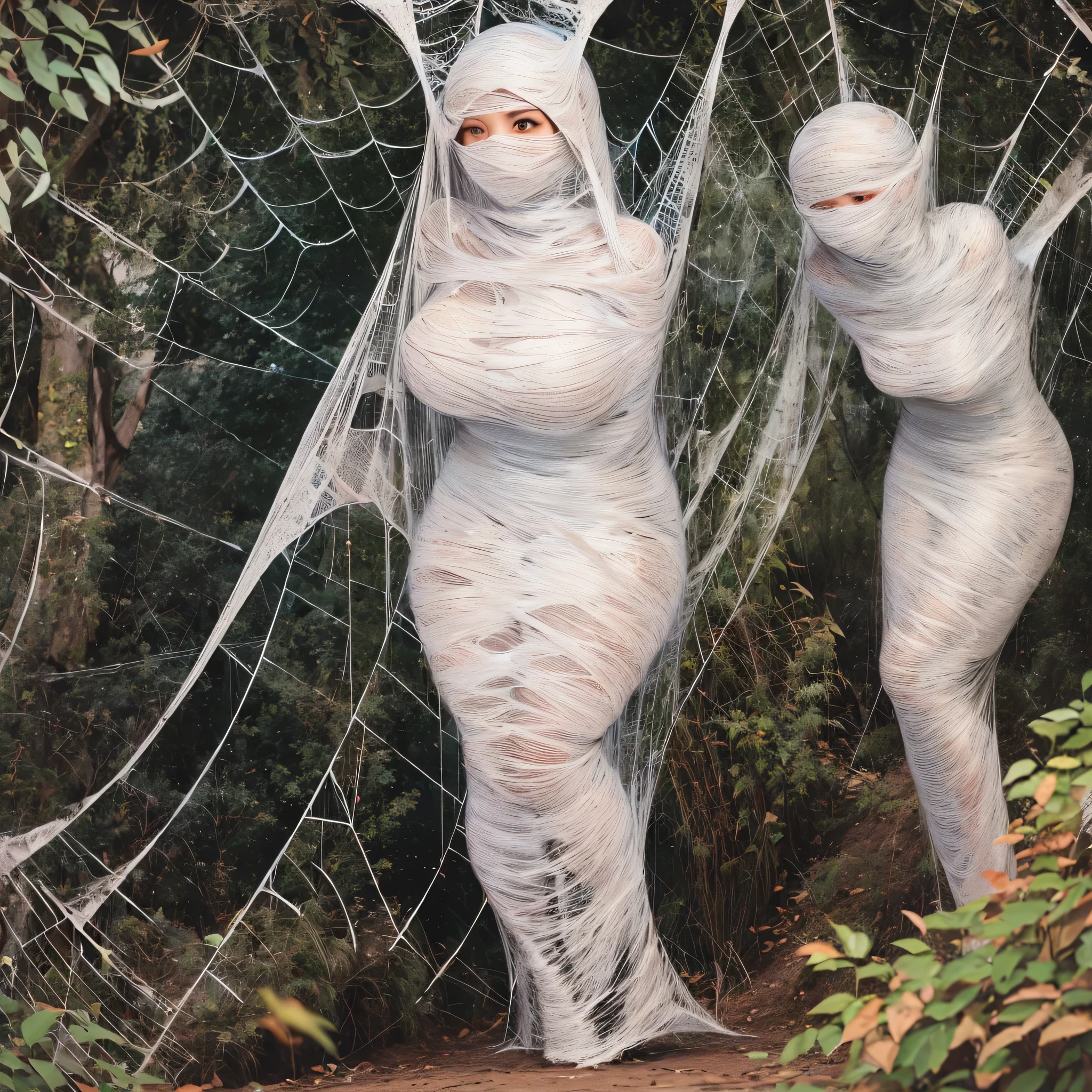 a girl entangled in the spider web, struggle, detailed classroom, (cocoon:1.3), spider web, hanging, spider in the web, spider