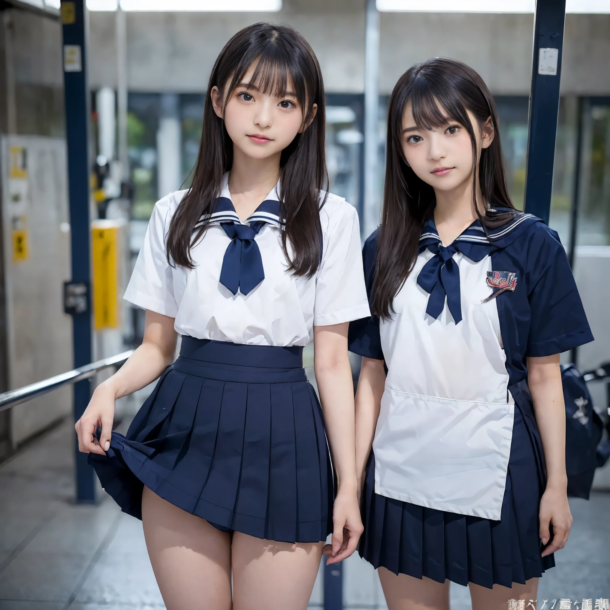 (masterpiece, highest quality:1.2), 8k, 15 years, 85mm, official art, RAW photo, スーパースリムなスレンダーbeautiful girl, (When I lift up my short navy blue skirt、full nude下Half body, I can see your crotch.:1.8)、short sleeveの白シャツ、show me your ears、????? girl photoshoot、full nude, cute face, close, Half body, Biolace, gardenia, beautiful girl, school uniform, (navy pleated skirt:1.1), tighten your waist, thighs, short sleeve, stand by the station platform, crowd station platform background、looking at the viewer, no makeup, (smile:0.4), film grain, chromatic aberration, sharp focus, face light, clear lighting, Ten generations, detailed face, background bokeh, (dark red tie:1.1)、((((((two girls))))))、((((((２人のfull nude女子高生)))))