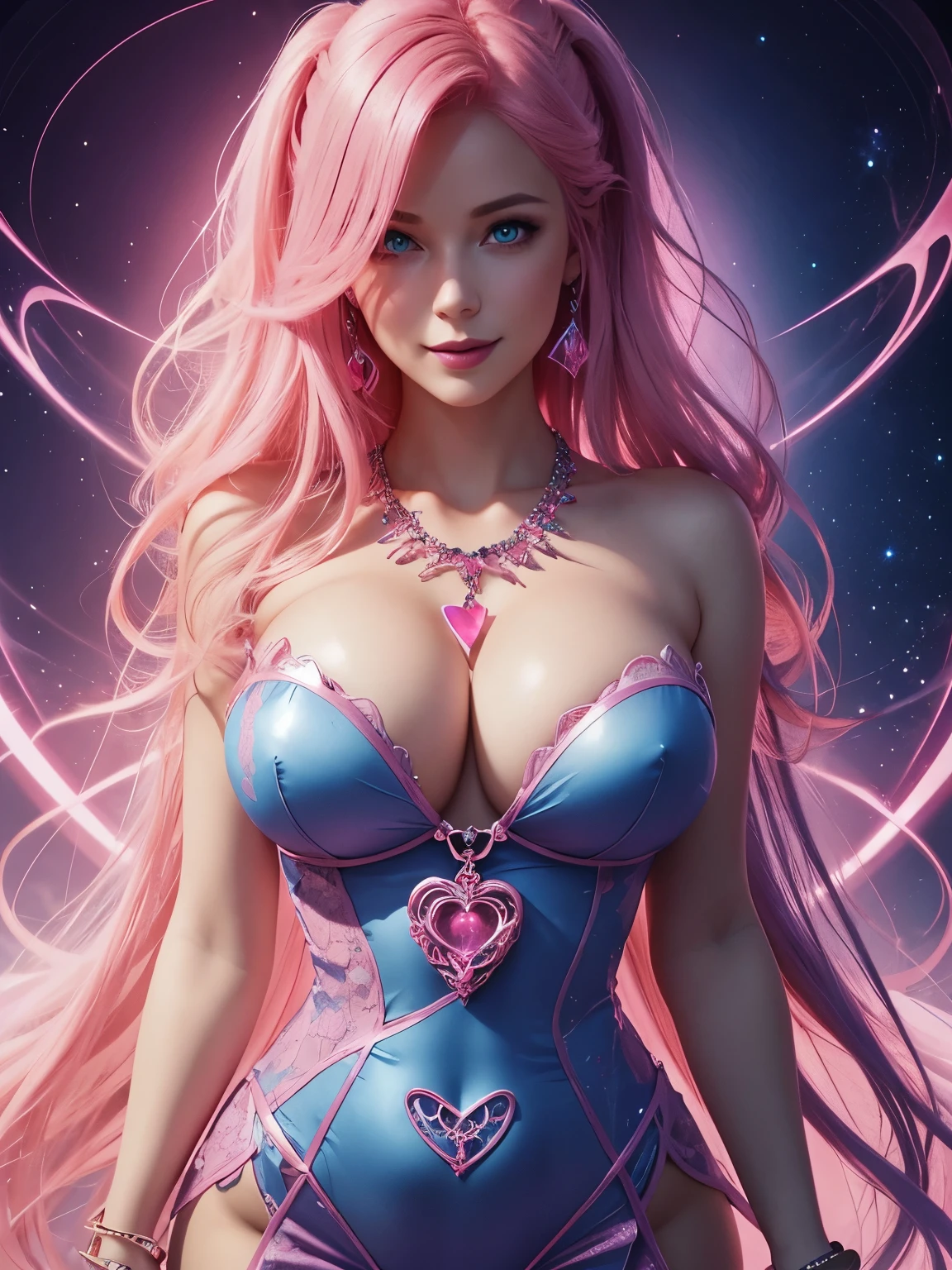 Portrait, beautiful mysterious woman with pink hair and a pink dress, wearing a large heart-shaped necklace, hourglass figure, symmetrical figure, highly detailed face, beautiful face, calming blue eyes, lush pink lips, smiling, alluring, flirting with camera, stunning digital illustration, mysterious quantum environment, cosmic elements and ethereal atmosphere