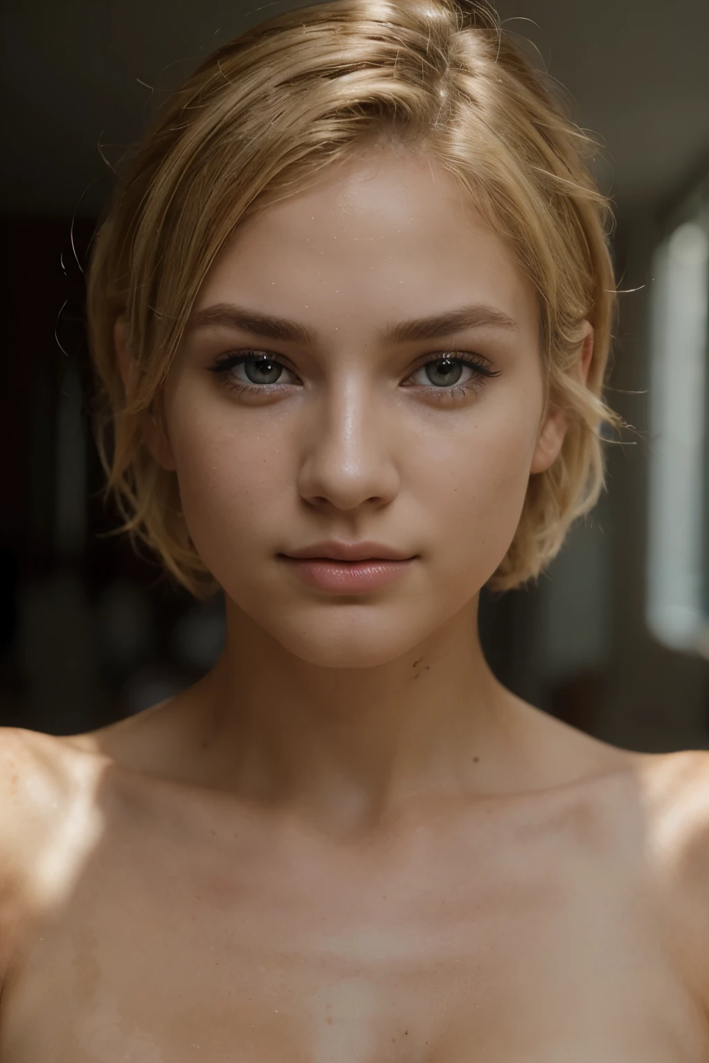 ((best quality)), ((ultra res)), ((photorealistic)), (intricate details), 19 years old, blonde hair, perfect face, make up:1.5, light on face, face detail, NAKED, short hair,