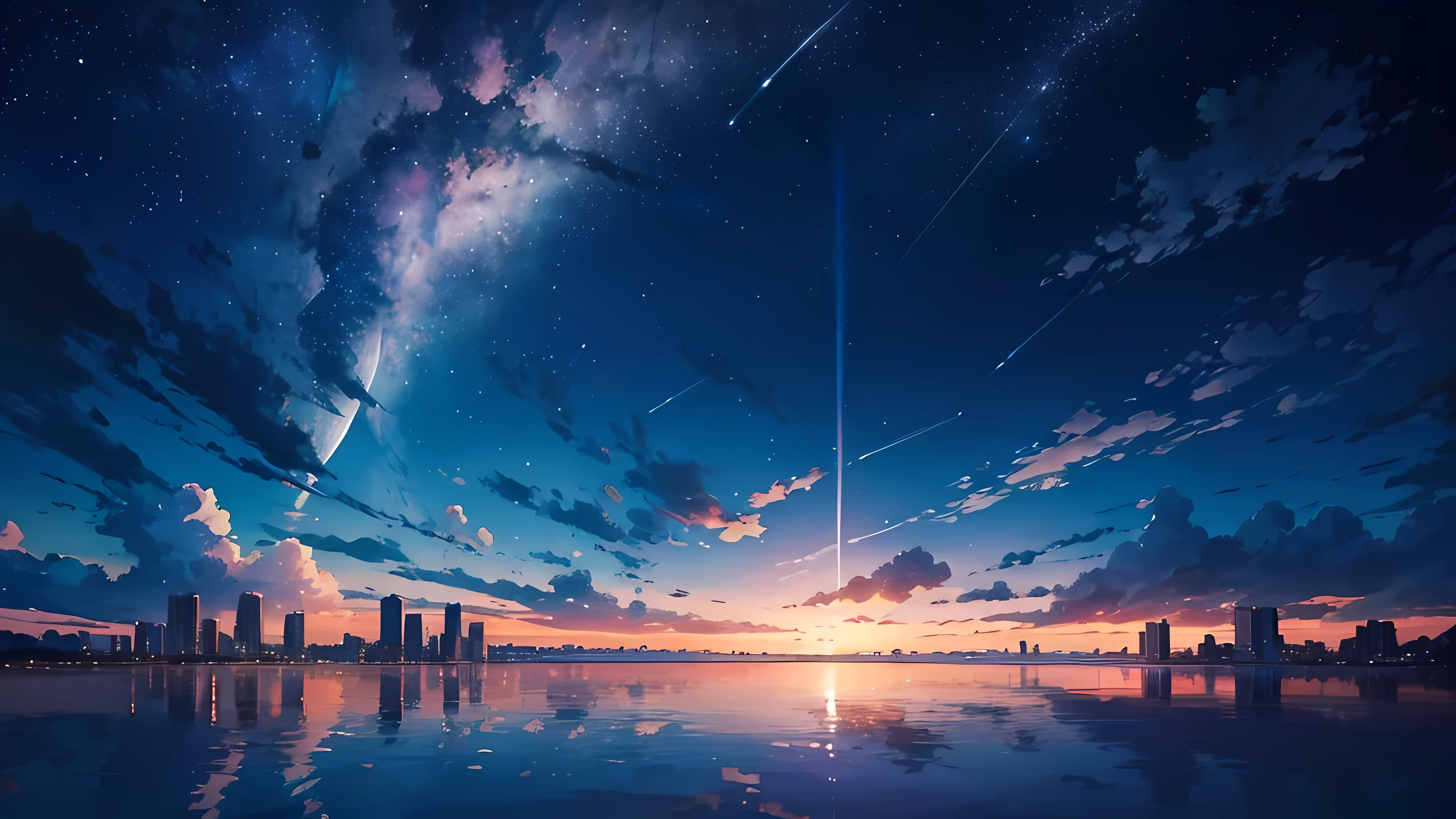 anime scenery, big lake, reflection on water, night sky, starry sky, full moon, small buildings in the background, amazing anime visuals, amazing anime artwork, beautiful scenery, masterpiece, high res, 8k