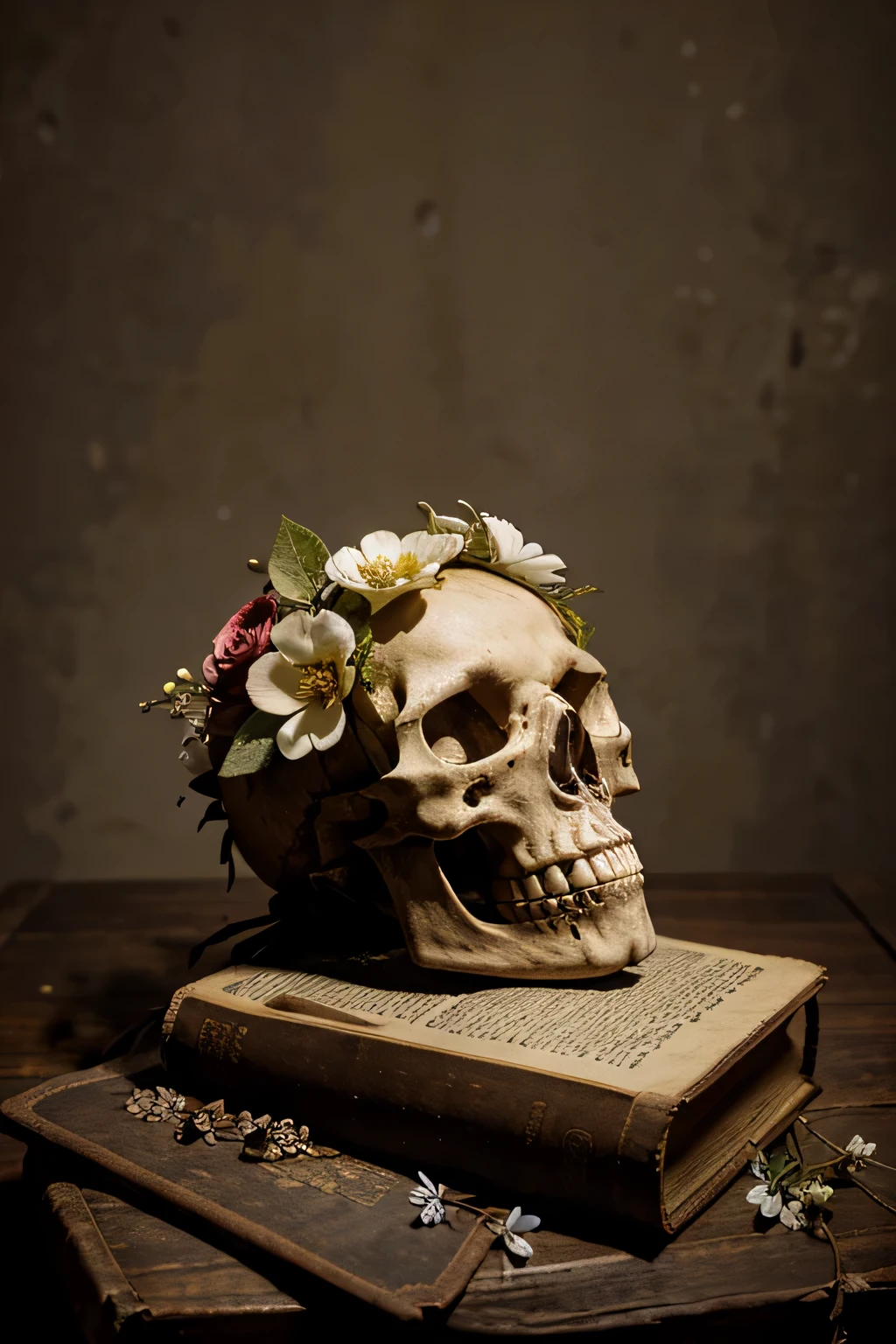a skull with flowers blooming from the top, sitting on an old opened book, medieval vibe, remove background
