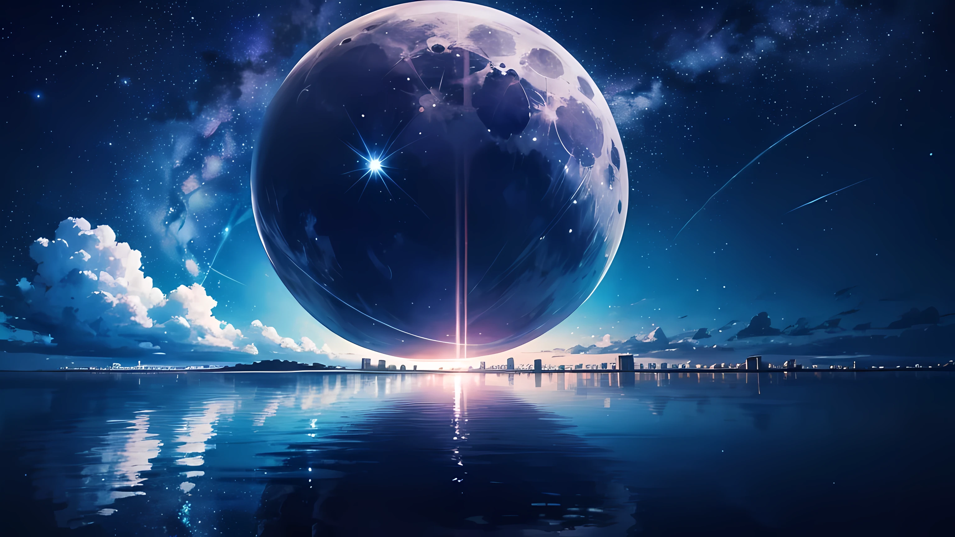 anime scenery, big lake, reflection on water, night sky, starry sky, full moon, small buildings in the background, amazing anime visuals, amazing anime artwork, beautiful scenery, masterpiece, high res, 8k