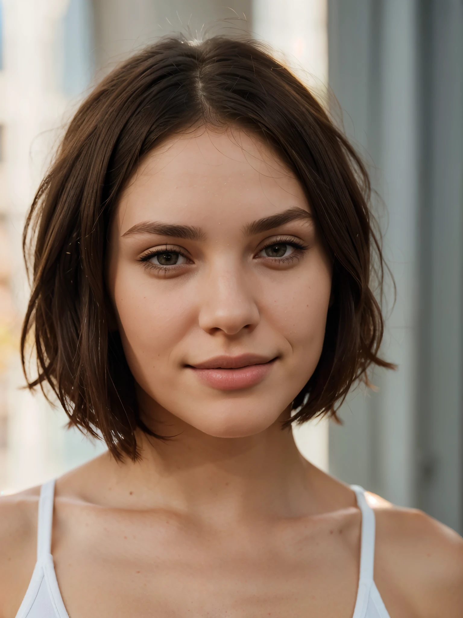 surprise, emotion , young girl, athletic figure, brunette Bob haircut, Georgian, portrait, portrait, close-up, large lips ,hyperrealism, 8k HD, ealistic skin texture, beauty, cheekbones, soft light , makeup, symmetry