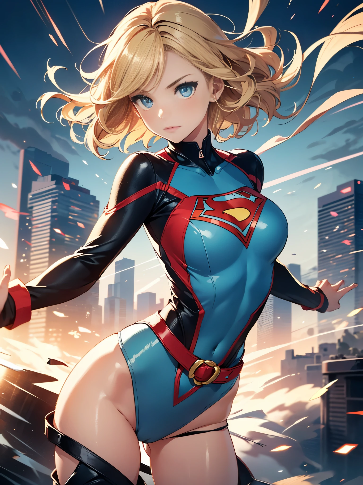 1girl, medium breasts, ((leotard, highleg leotard, light blue leotard)), (lighting bolt emblem on chest), bare legs, (tight belt), boots, matching boots, gloves, city backdrop, solo, single, standing, full body shot, cowboy shot, superhero, beautiful detailed eyes, power, ((blonde hair, short hair, wavy hair)), high school backdrop, outdoors, mature lady, teacher, spins fast in place like a tornado, wind swirls, rapid gyration, girl tornado spinning, girl turning to a whirlwind, outstretched arms, perfect body, good proportions,super spin, super power