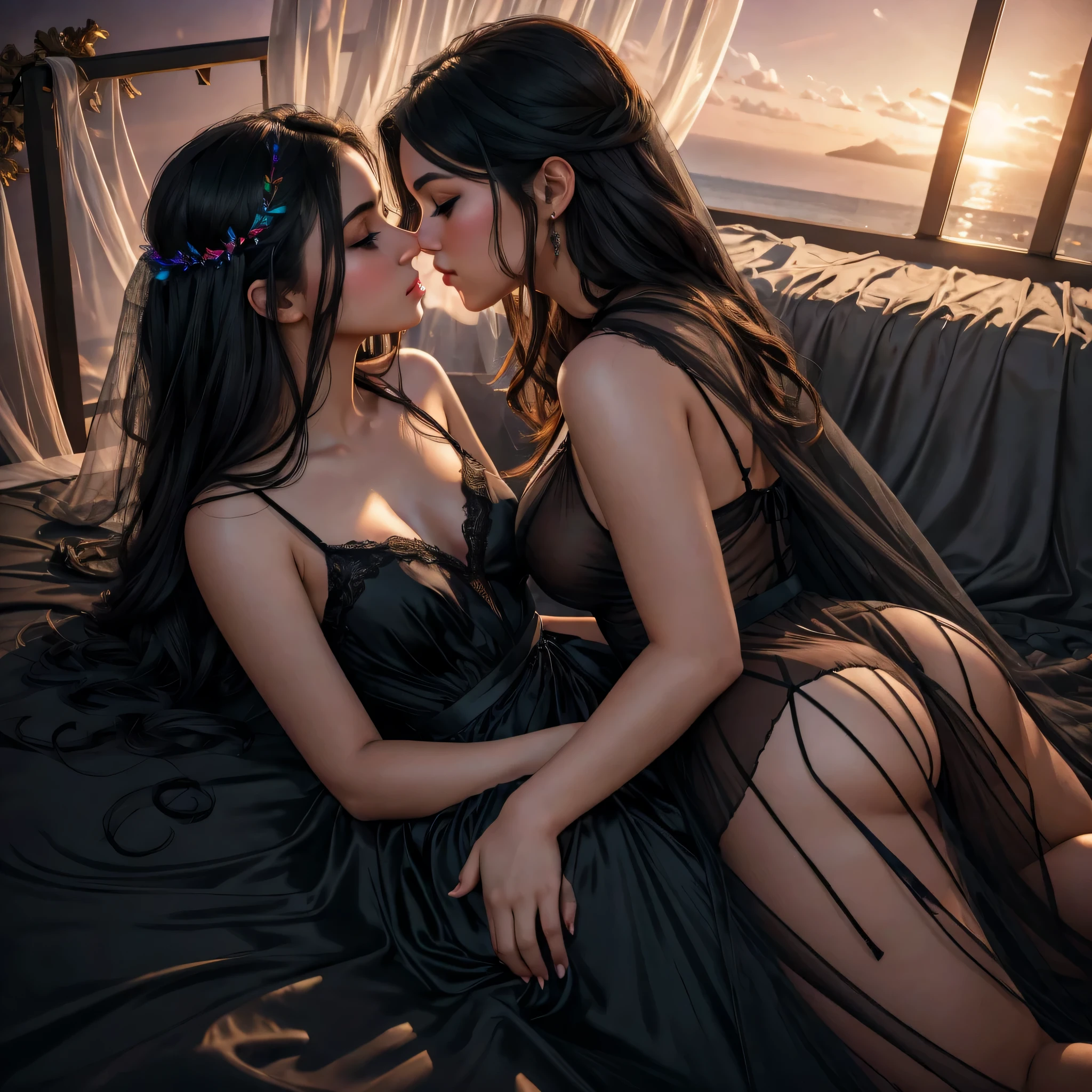 two girl kissing, see her ass,(bright lighting,romantic setting),dreamy background,,dark hair, mesmerizing gaze, , soft skin, alluring beauty, artistic portrait, high-quality image, vibrant colors,translucent black long silk gown, mosquito net, lying down, romantic bedroom, veil