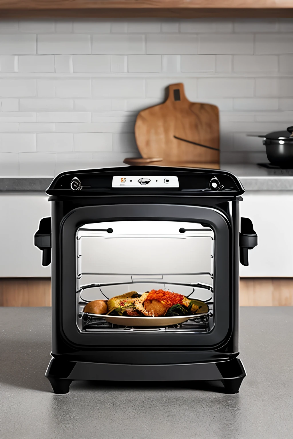 Create an electric cooker shaped like a cute dog, made of plastic and metal high-class, 4K, ultrarealistic, masterpiece, good light layout, put in a kitchen space