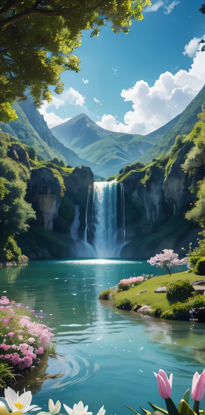 best quality,4k,8k,highres,masterpiece:1.2,ultra-detailed,realistic:1.37,Peaceful Azores Springs cartoon,beautiful detailed eyes,beautiful detailed lips,extremely detailed eyes and face,longeyelashes,cartoonish,soft colors,peaceful,serene,harmonious,daylight,clear skies,lush green gardens,sparkling waters,spring blossoms,endless meadows,tranquil atmosphere,giggling waterfalls,hidden caves and grottoes,endearing wildlife,playful creatures,whimsical charm,refreshing scent of nature,delicate butterfly wings,flowers in full bloom,shimmering dragonflies,floating lily pads,majestic mountains in the distance,cozy cartoon characters,dreamy surroundings,towering trees,cartoon springs,The Springs of Serenity,joyful adventures in nature,delightful discoveries in every corner,enchanting moments captured in art,storybook-like setting