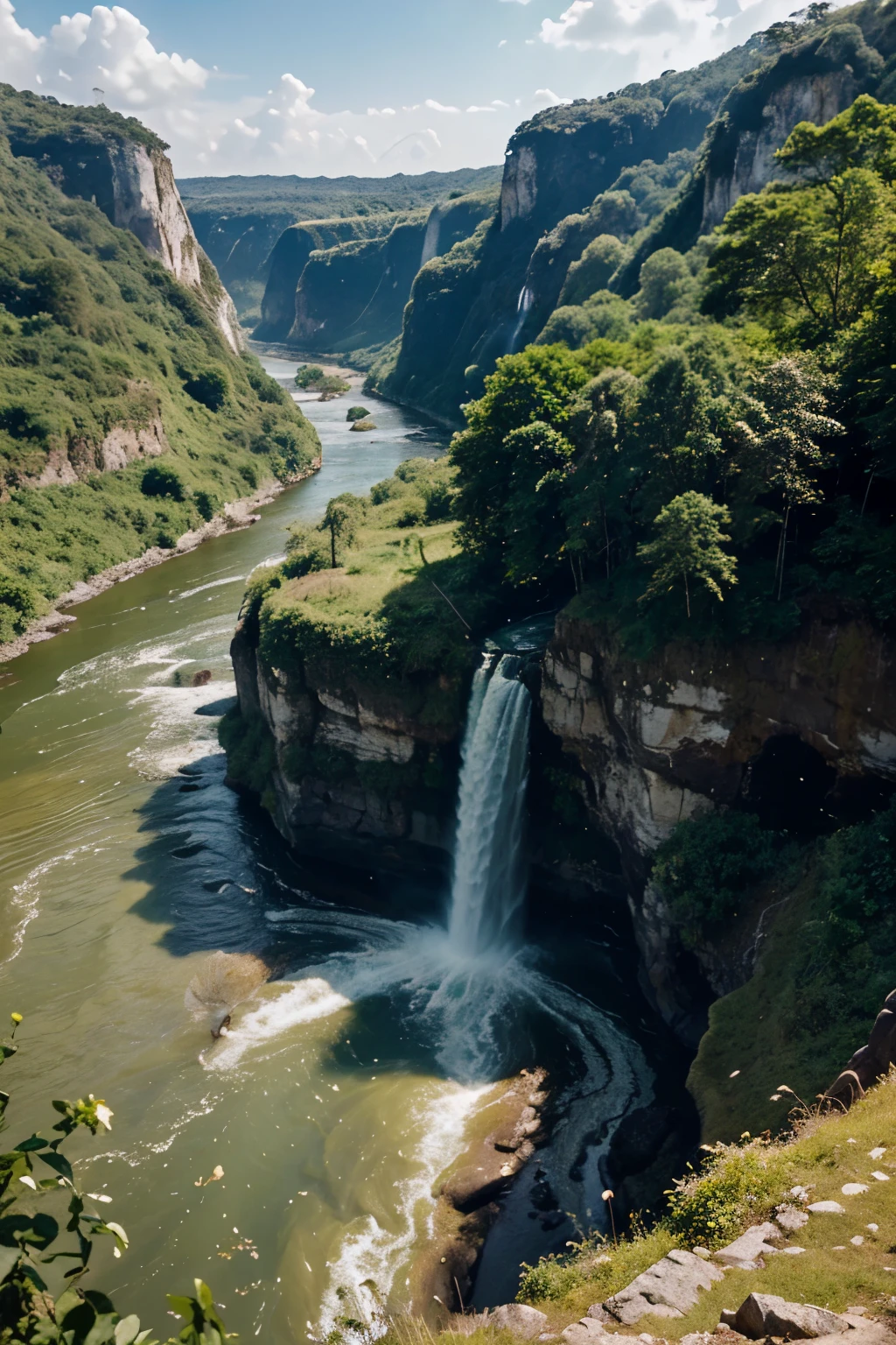 Imagine uma cena emocionante: uma mulher corajosa, standing on top of a steep cliff, the sun&#39;s rays gilding her hair as she gazes at the stunning river below. Com um suspiro determinado, She launches herself into the air, your arms outstretched, temporary wings of freedom. Abaixo, the river meanders majestically through the lush green valley, reflecting the sun&#39;s rays like liquid diamonds. The sound of the wind roaring in your ears is replaced by the gentle sound of rushing water as it plunges toward the cool current.. It&#39;s a moment of pure adrenaline and natural beauty, capturing the essence of courage and connection with nature.