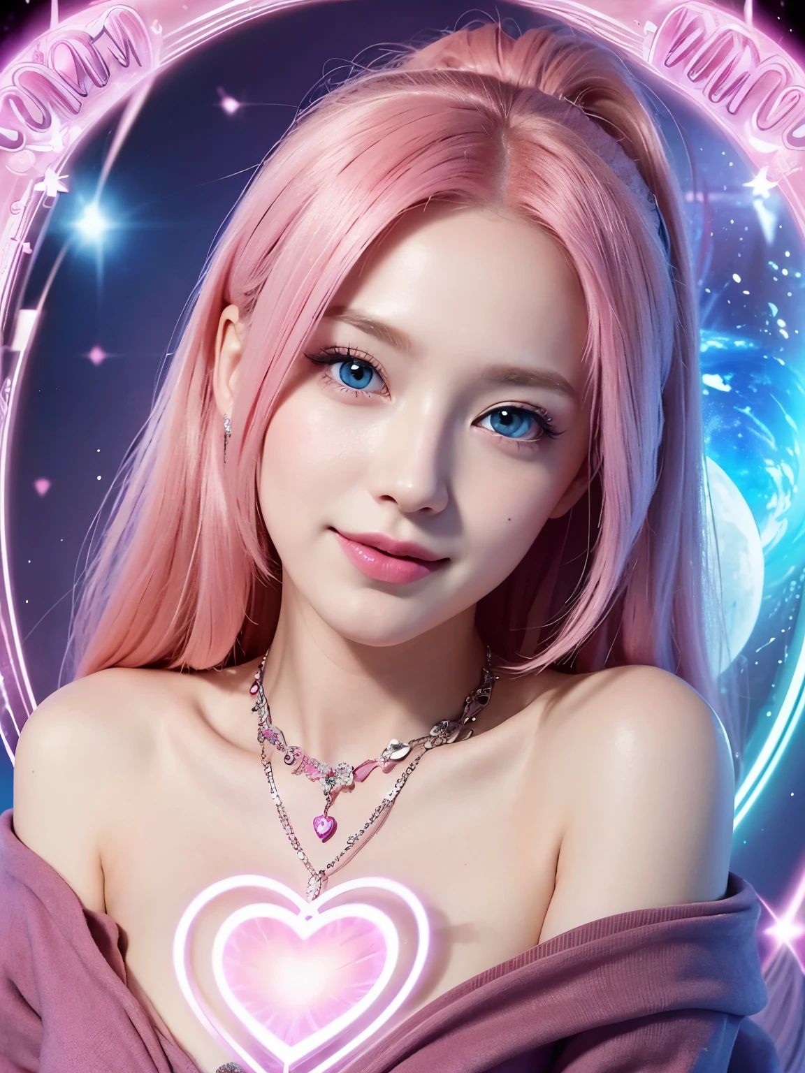 Portrait, beautiful mysterious woman with pink hair and a pink dress, wearing a large heart-shaped necklace, hourglass figure, symmetrical figure, highly detailed face, beautiful face, calming blue eyes, lush pink lips, smiling, alluring, flirting with camera, stunning digital illustration, mysterious quantum environment, cosmic elements and ethereal atmosphere