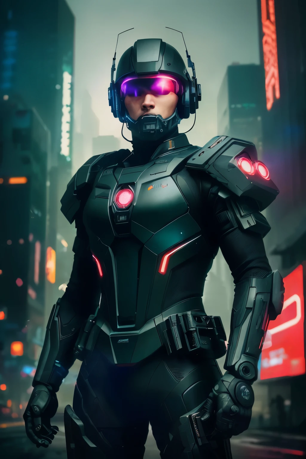 Photo of a Cyberpunk Soldier, in the midst of a firefight, clad in complex black hi-tech armor, futuristic and intricate, black combat suit, wearing a dark, advanced style helmet. The soldier's expression is intense and focused. Guarantee high-quality image filled with details, capturing the essence of a Cyberpunk Soldier, highly detailed: 8k UHD, 30MP, Sony Alpha A1, 24-70mm, F/4, RAW photography, complex, filmic, dramatic, with depth in lighting and shadows, cinematic, sharpness, Cyberpunk Cityscape, neon-lit streets