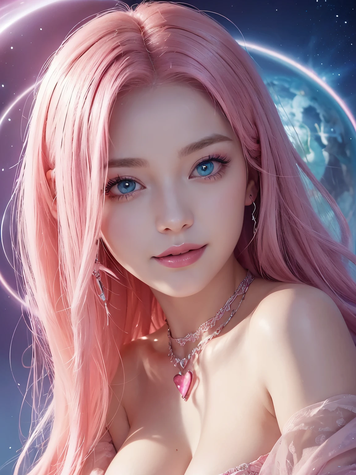 Portrait, beautiful mysterious woman with pink hair and a pink dress, wearing a large heart-shaped necklace, hourglass figure, symmetrical figure, highly detailed face, beautiful face, calming blue eyes, lush pink lips, smiling, alluring, flirting with camera, stunning digital illustration, mysterious quantum environment, cosmic elements and ethereal atmosphere