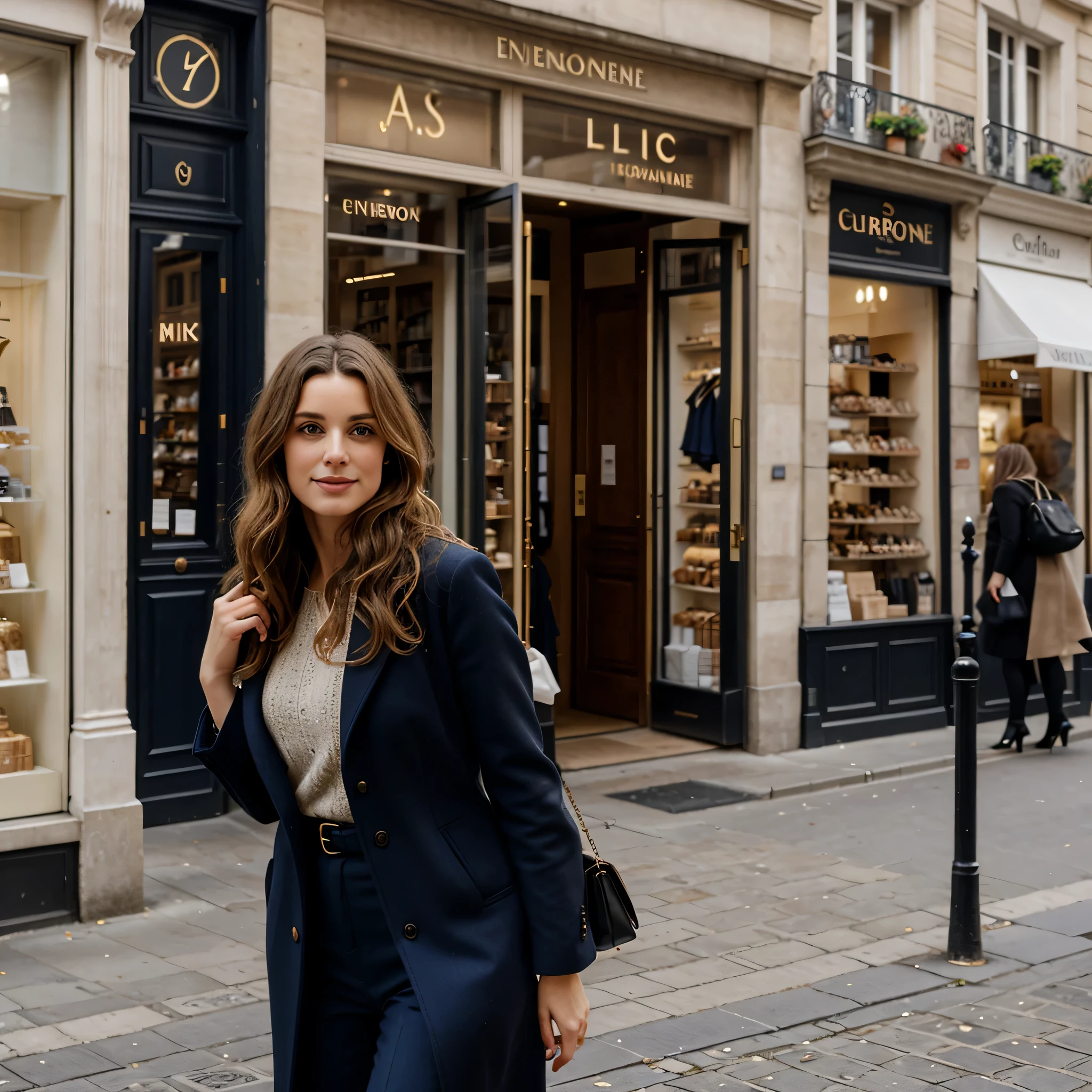 Une femme de 25 ans européenne, environ 1m70, fine et sportive, elle prend soin d'elle mais reste naturelle, elle a les yeux et les cheveux marron, elle s'habille avec classe, slightly sexy way, Elle est dans une rue avec des boutiques, droit mi-long, slightly wavy hair, Cinematic light, elle a des sac de shoppoing, Contexte de la ville de Paris, printemps, professionnel, 4K, HD, UHD, 8K, Very detailed, ultra resolution