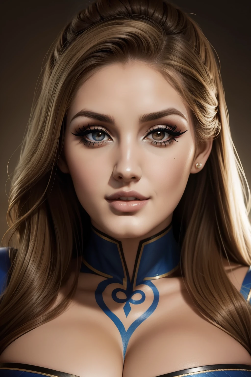 Lucy Pinder, face portrait, portrait, smiling, (Adele),((VERY INTENSE MAKEUP)), voluptuous, Chun-li