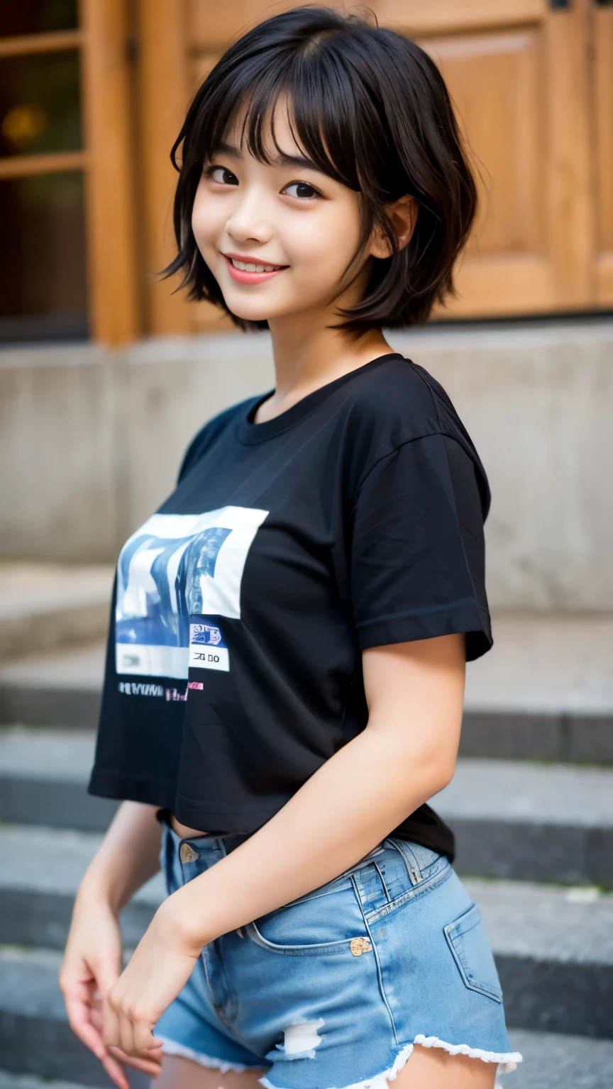 Best-quality, Masterpiece, Ultra-High-Resolution, (Photorealistic:1.4), Raw-Photo, 1girl, -yeld, thost popular Japanese idol, (((wearing T-shirt and shorts))), (((extremely cute face like the most famous Japanese aidol))), (((extremely beautiful big-black-eyes))), (((extremely beautiful black-short-cut-haired))), extremely beautiful skins, extremely beautiful long-eyelashes, extremely beautiful lips, extremely beautiful thighs, dynamic-pose, innocent-smile