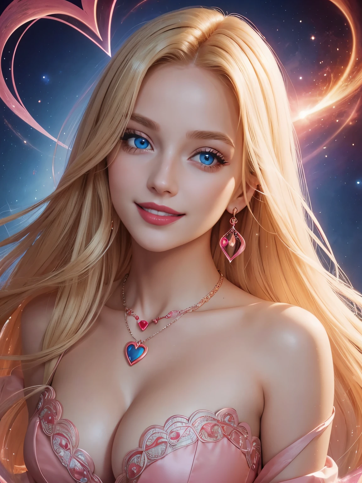 Portrait, beautiful energetic woman with blonde hair and a pink dress, wearing a large heart-shaped necklace, hourglass figure, symmetrical figure, highly detailed face, beautiful face, calming blue eyes, lush red lips, smiling, alluring, flirting with camera, stunning digital illustration, mysterious quantum environment, cosmic elements and ethereal atmosphere