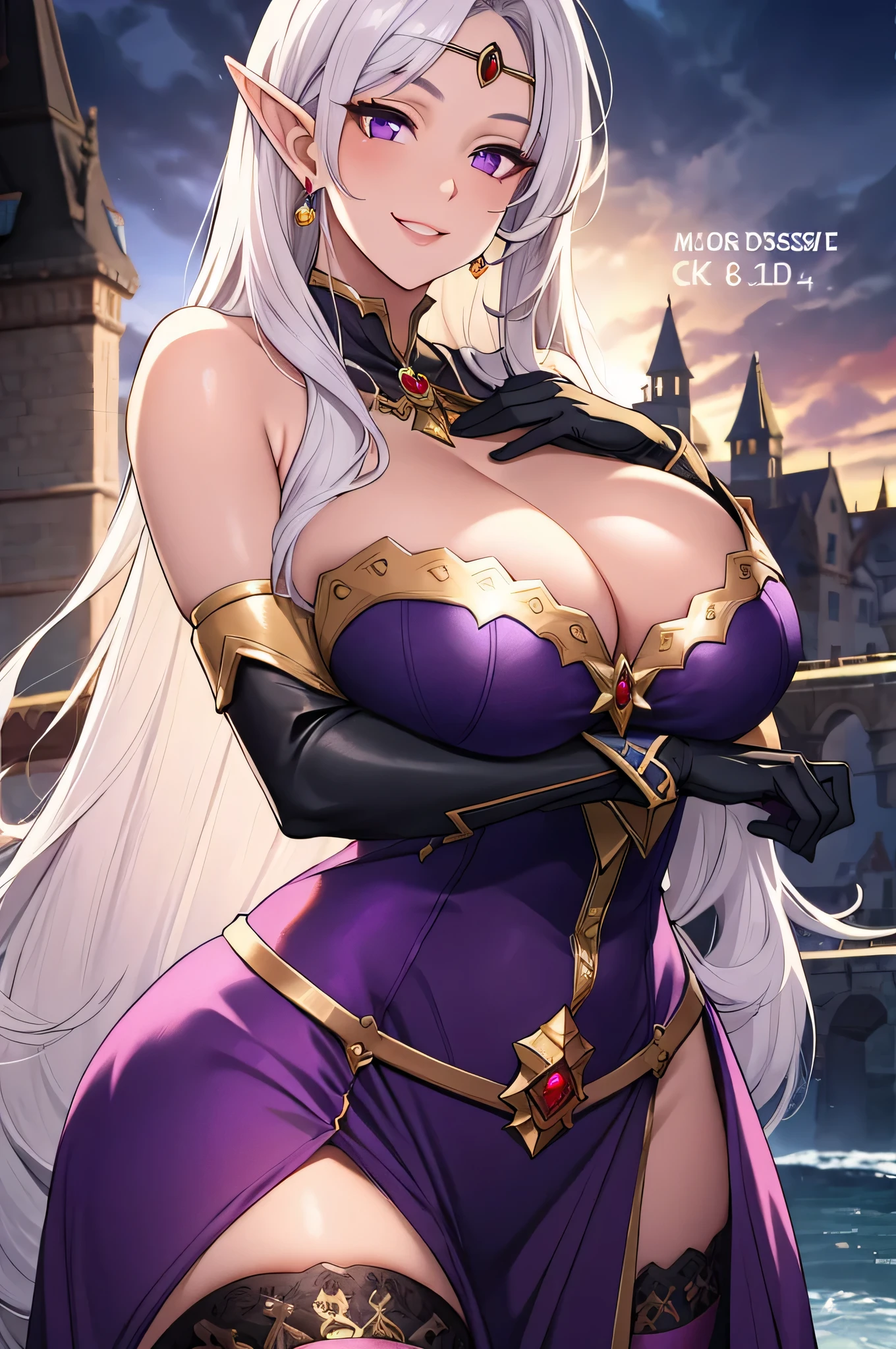 olga discordia, long white hair, long elf ears, dark elf, colored skin, black skin, hair stick, bangs, violet eyes, solo, smiling, standing, upper body, hips, bare shoulders,purple thighhighs,violet dress, gold jewelry,armor,gloves,circlet, cleavage, red and gold royal castle, gigantic breasts, (best quality, masterpiece, beautiful and aesthetic:1.2, highest detailed face, perfect face,) eyes, perfect face,expressive eyes,
looking at viewer, in the center of the image,(Upper_body),(Focus on her face),
official art,extremely detailed CG unity 8k wallpaper, perfect lighting,Colorful,
(masterpiece:1.0),(best_quality:1.0), ultra high res,4K,ultra-detailed